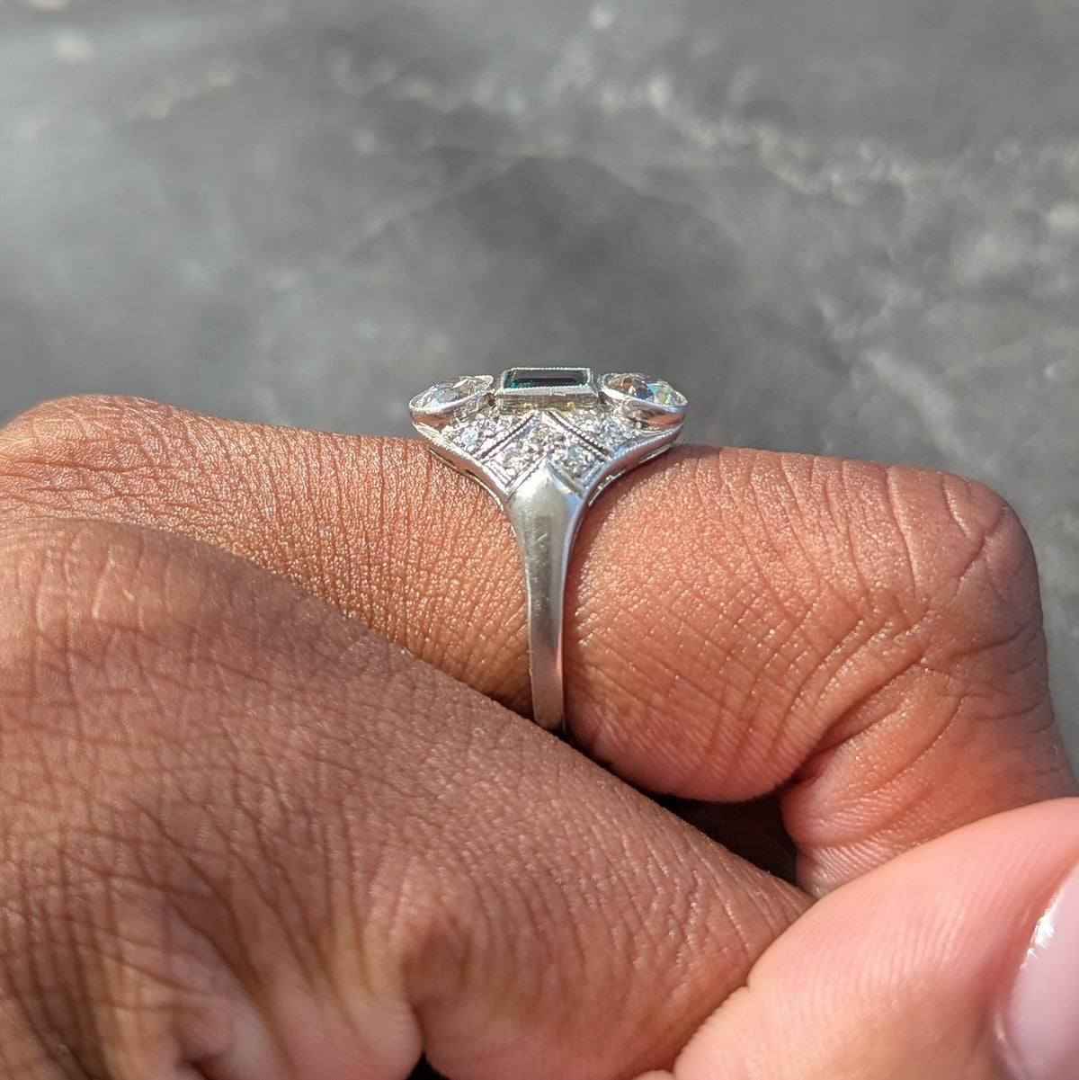 Art Deco 1.75 CTW Emerald Diamond Platinum Vintage Navette Dinner Ring