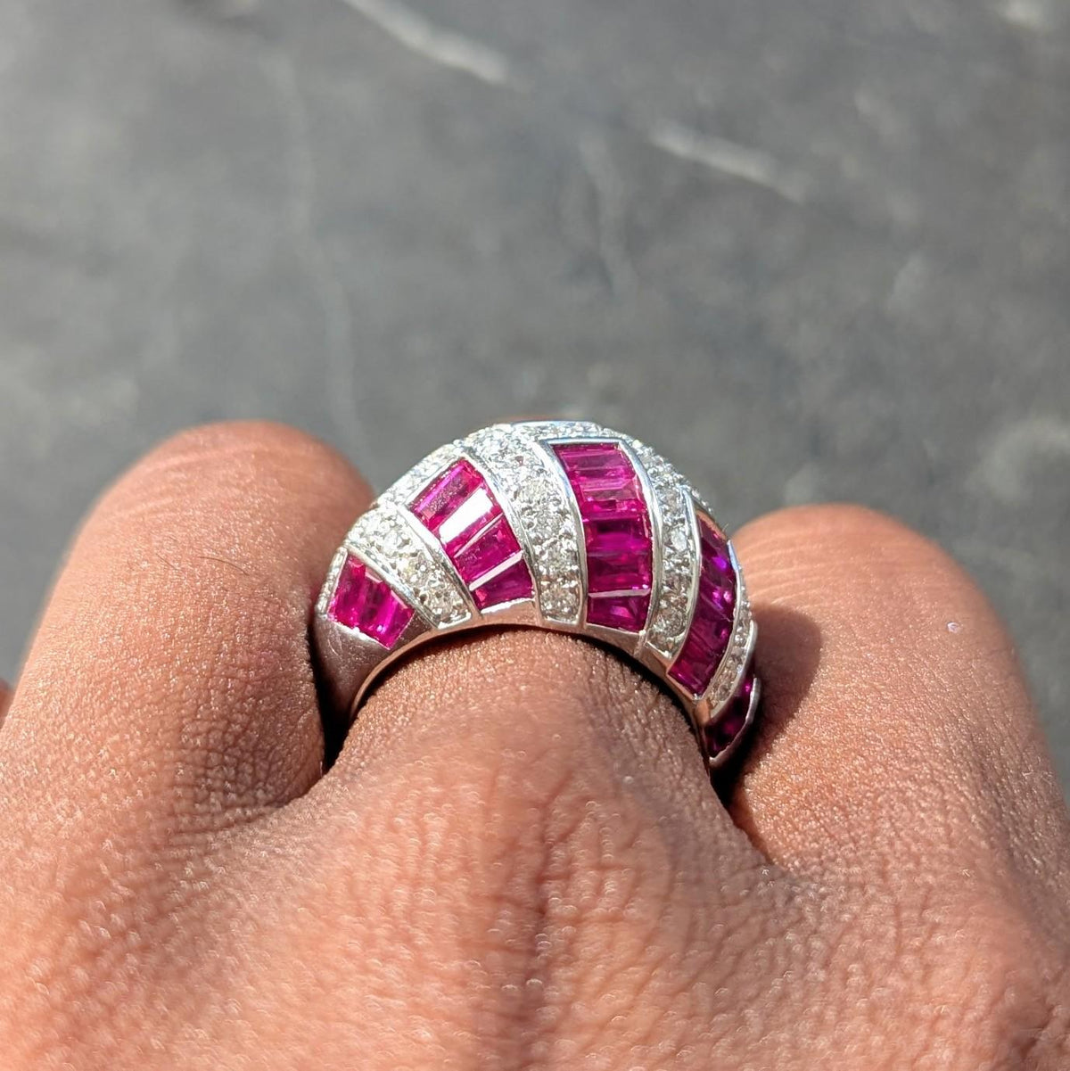 Contemporary 6.36 CTW Ruby Diamond 18 Karat White Gold Dome Weave Ring