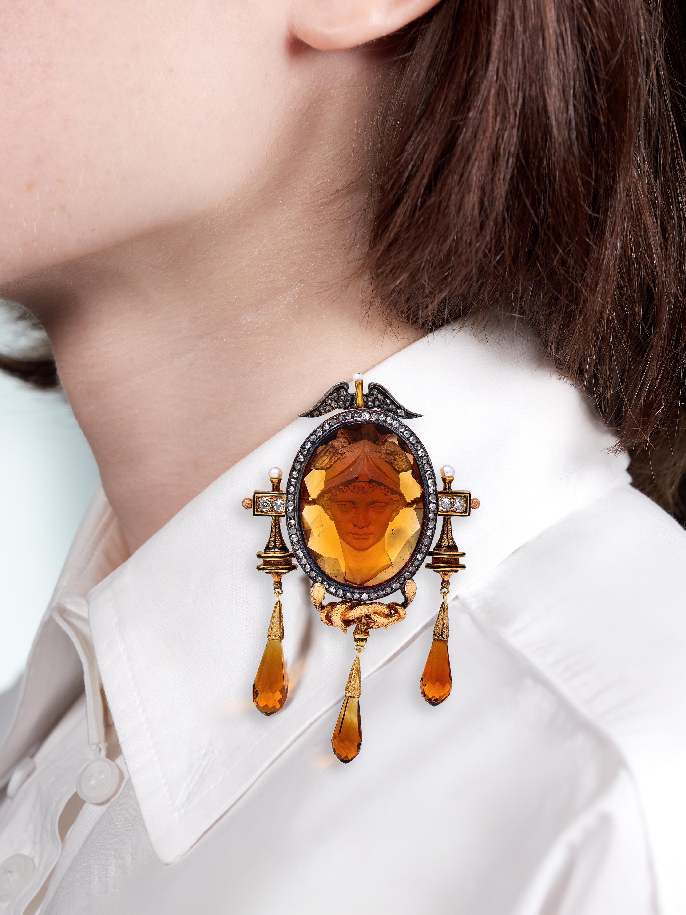 Victorian Diamond Citrine 18K Gold Antique Greek God Hermés Cameo Pendant Brooch