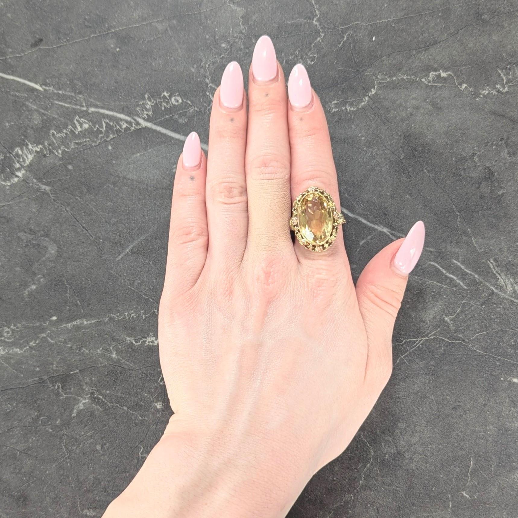 Art Deco 11.55 Citrine 14 Karat Two-Tone Gold Antique Grapevine Cocktail Ring