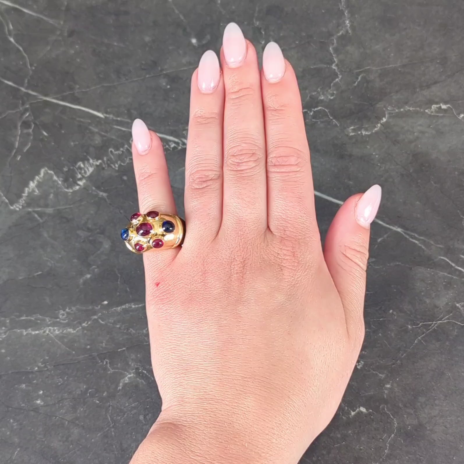 Poiray Paris 1980's 5.80 CTW Sapphire Ruby Wood 18K Gold Vintage Dome Ring