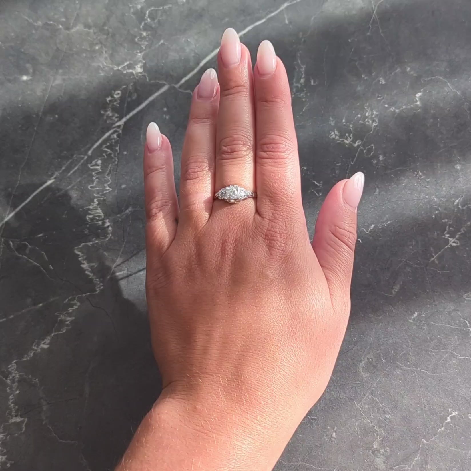 Jabel Art Deco European Diamond 18K White Gold Vintage Foliate Engagement Ring