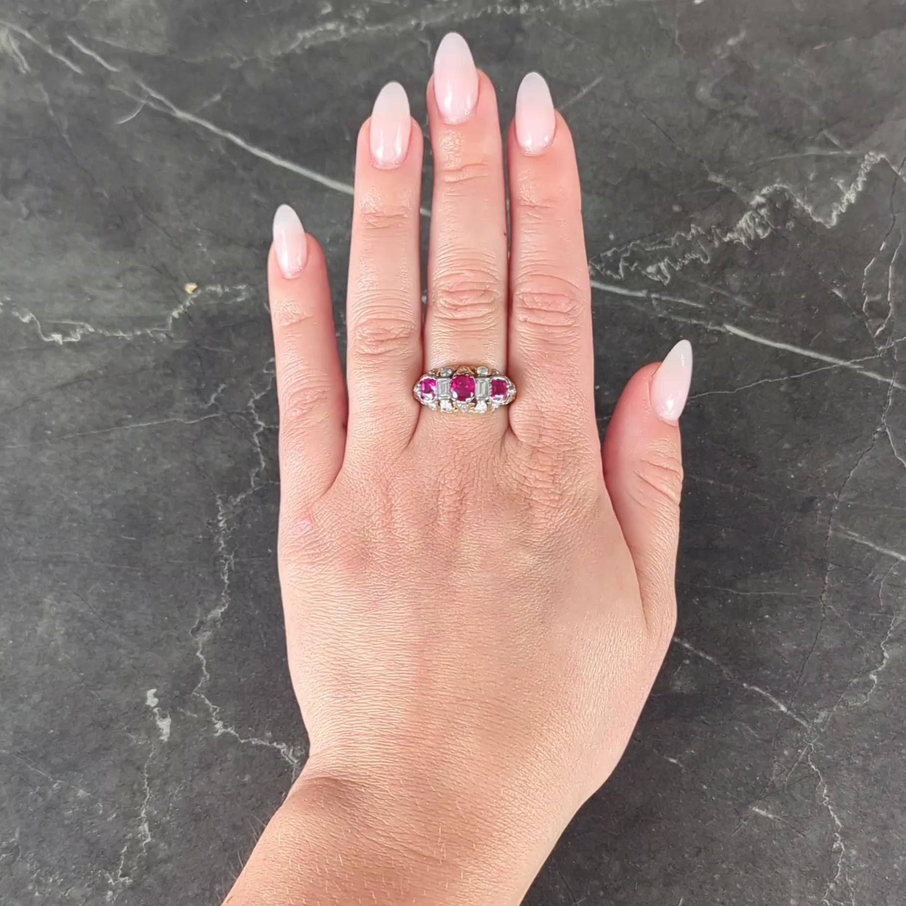 Edwardian 3.00 CTW Diamond Ruby Platinum 14K Gold Antique Scroll Band Ring GIA