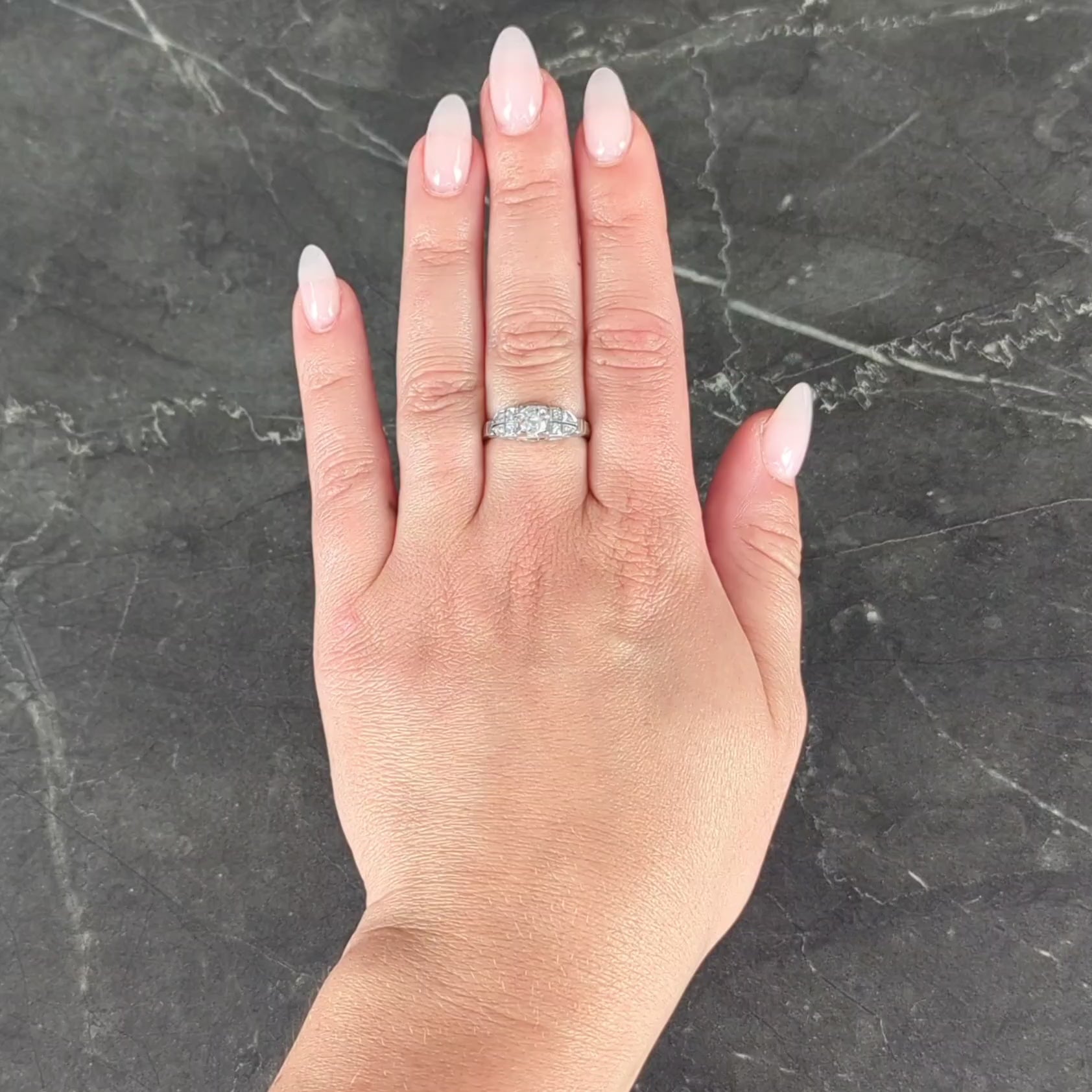 Art Deco Old European Cut Diamond 18K White Gold Vintage Stepped Engagement Ring