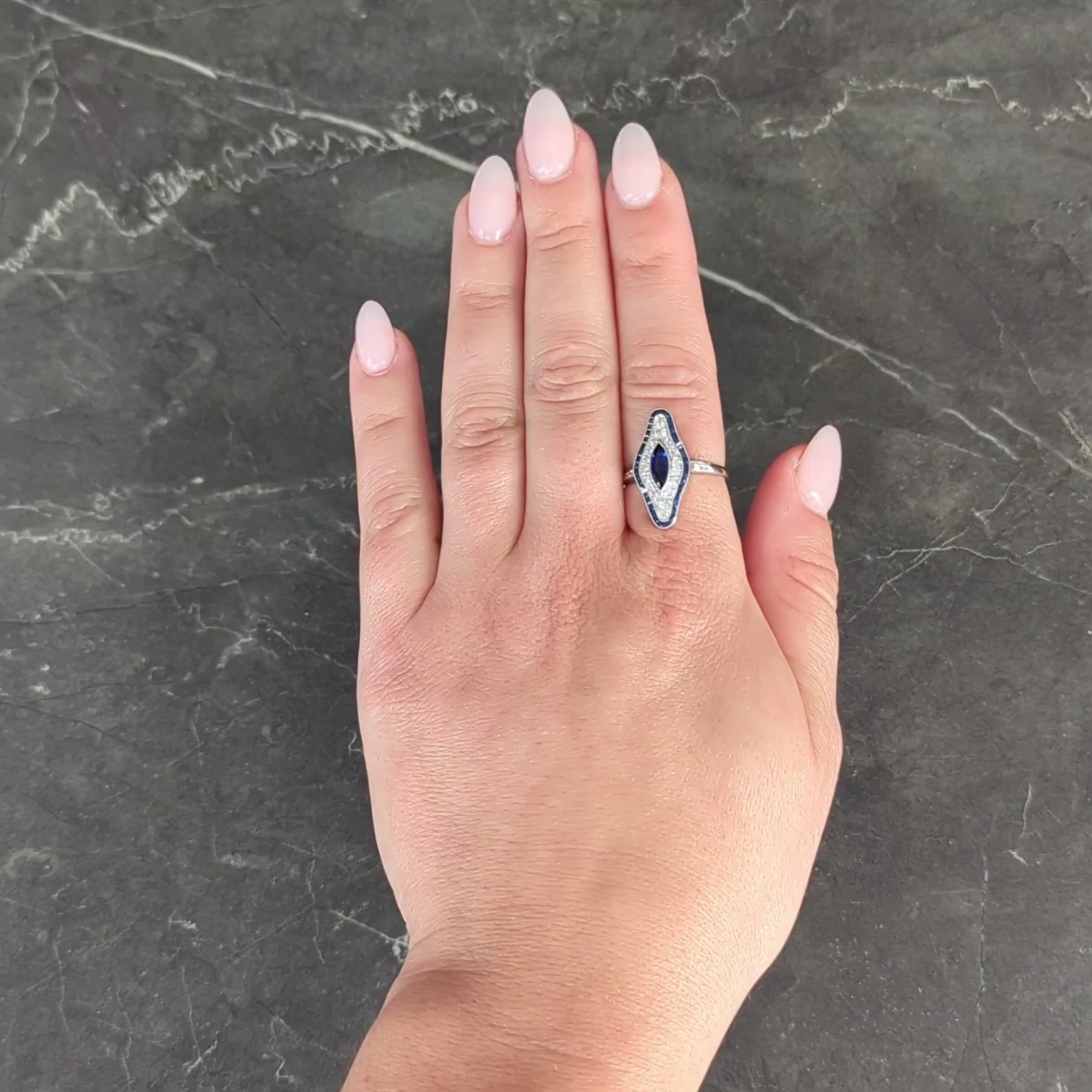 Art Deco 1.30 CTW Sapphire Diamond Platinum Vintage Navette Halo Dinner Ring