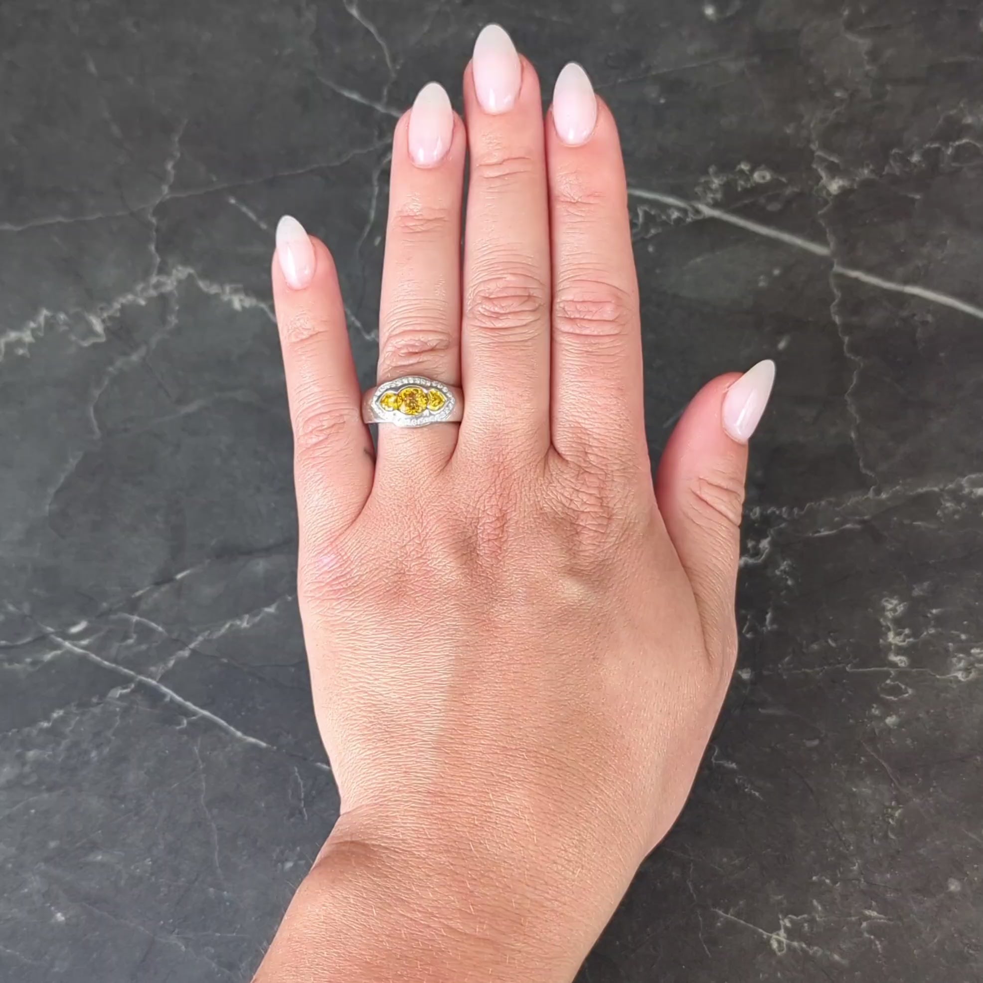 Vintage 1.79 CTW Fancy Vivid Yellow Diamond Three Stone Halo Ring