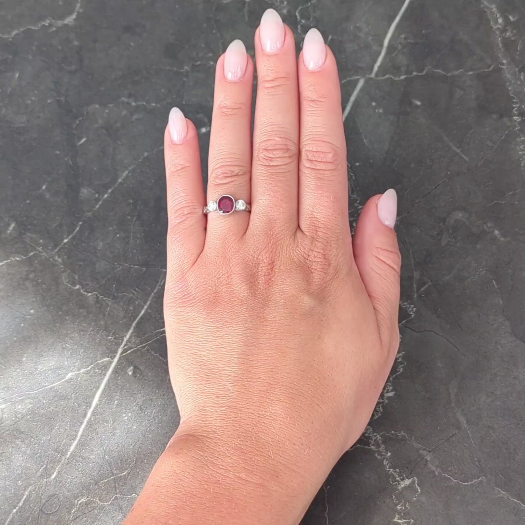 Contemporary 1.53 CTW Ruby Diamond Platinum Vintage Three Stone Ring