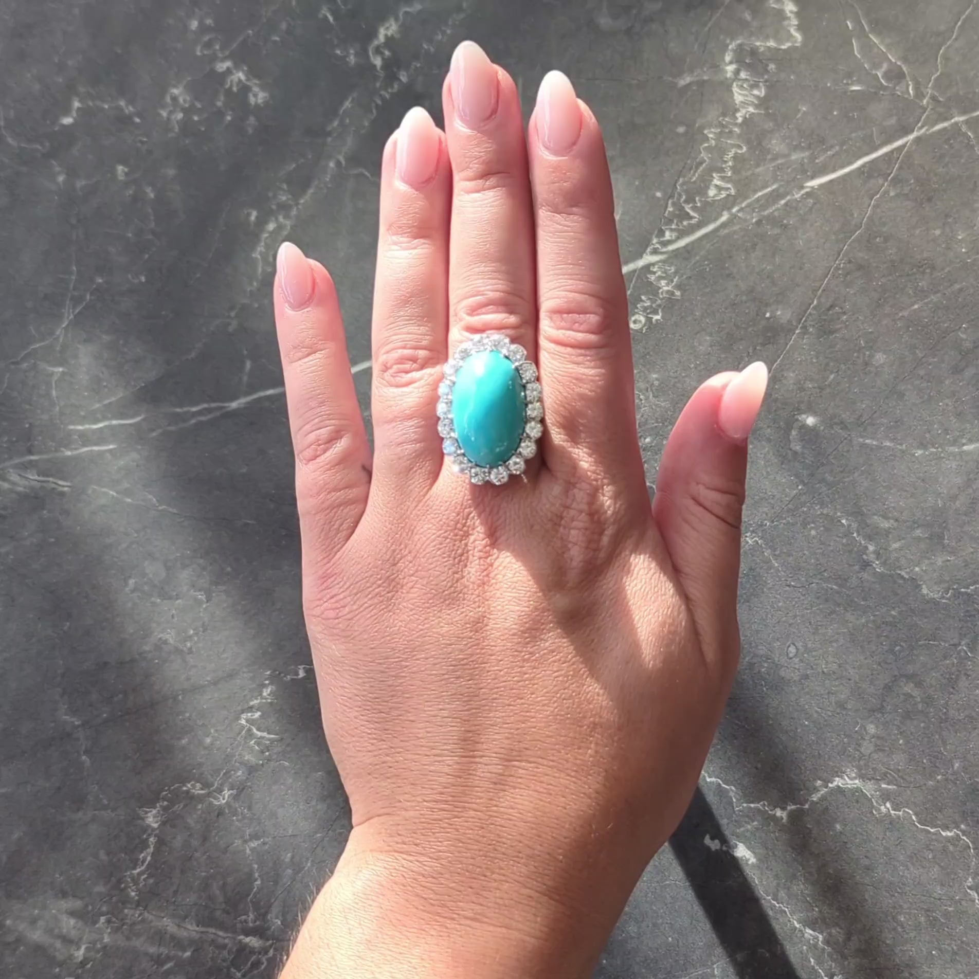 Mid-Century 3.24 CTW Diamond Turquoise 18K White Gold Vintage Wire Halo Ring