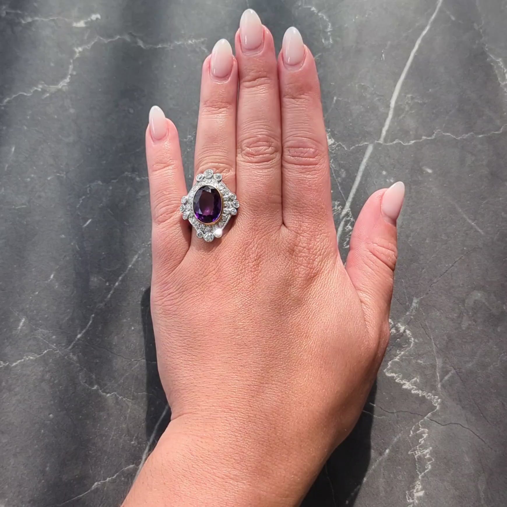 Edwardian 8.15 CTW Amethyst Diamond Platinum 14K Gold Antique Fleur-De-Lis Ring