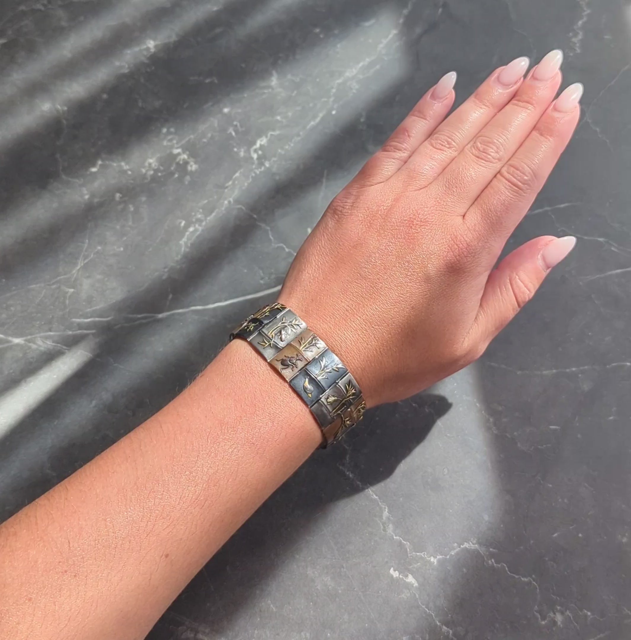 Victorian Japanese Shakudo Sterling Silver Gold Antique Bug Panel Link Bracelet