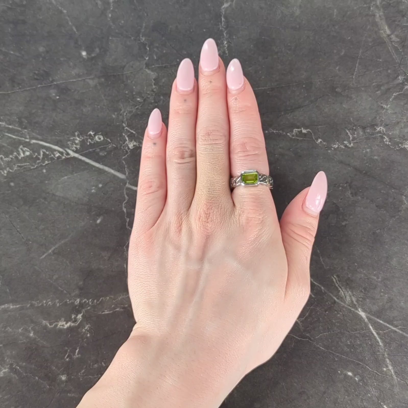 Chanel French 1980's Peridot 18K White Gold Curb Link Bezel Vintage Band Ring