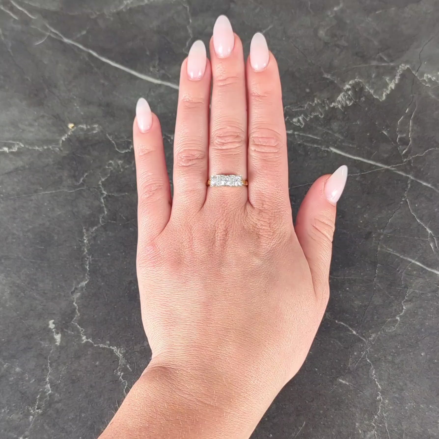 Retro 0.75 CTW Old Mine Platinum 14 Karat Yellow Gold Vintage Three Stone Ring