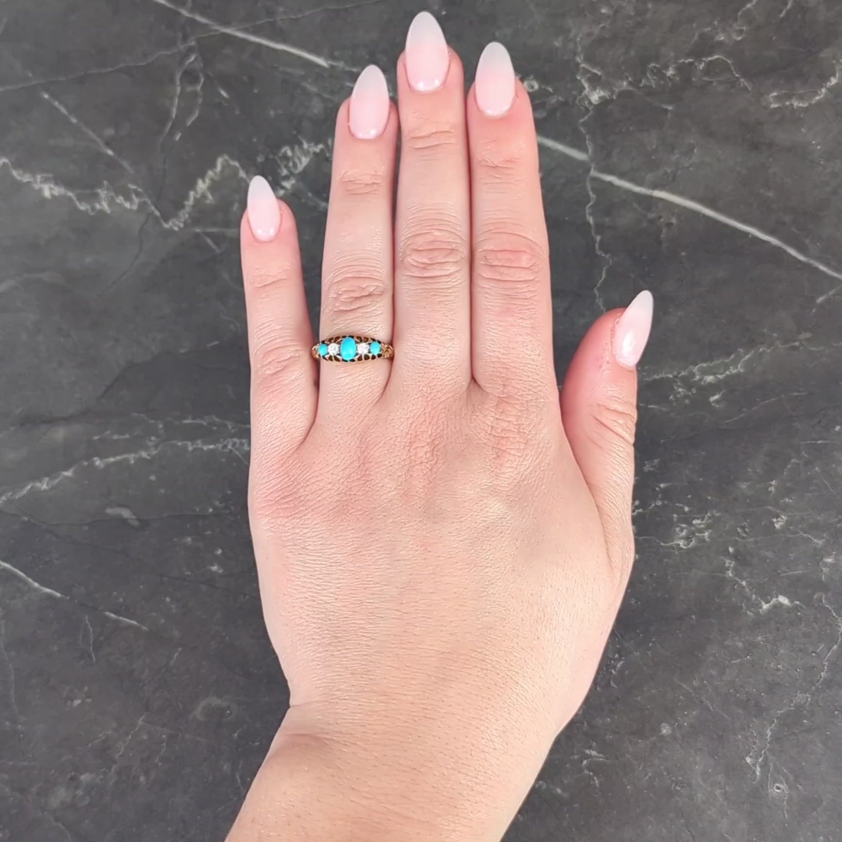 1919 Turquoise Diamond 18 Karat Yellow Gold Antique Five Stone Band Ring