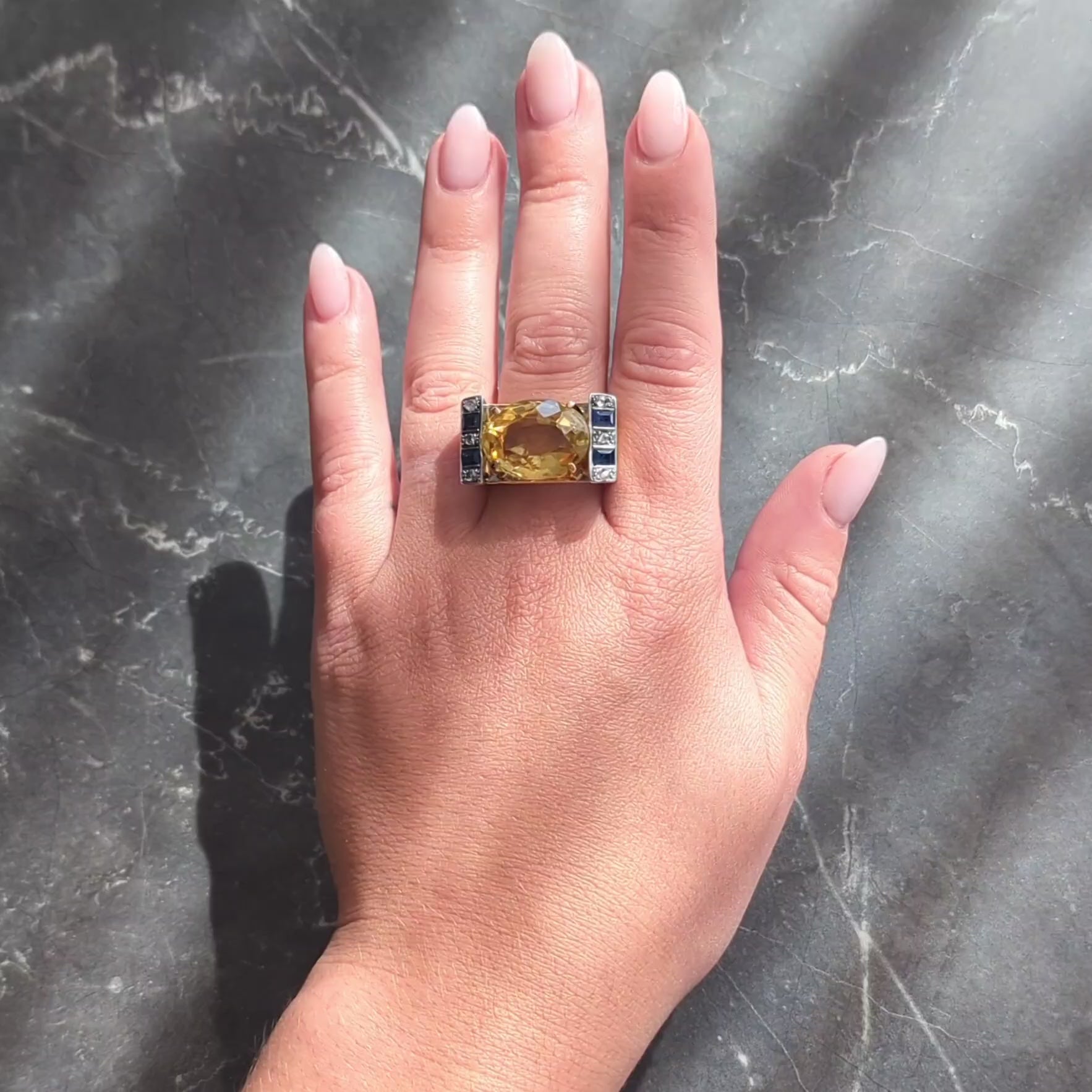 Retro Citrine Sapphire Diamond Silver 18 Karat Gold Vintage Cocktail Ring