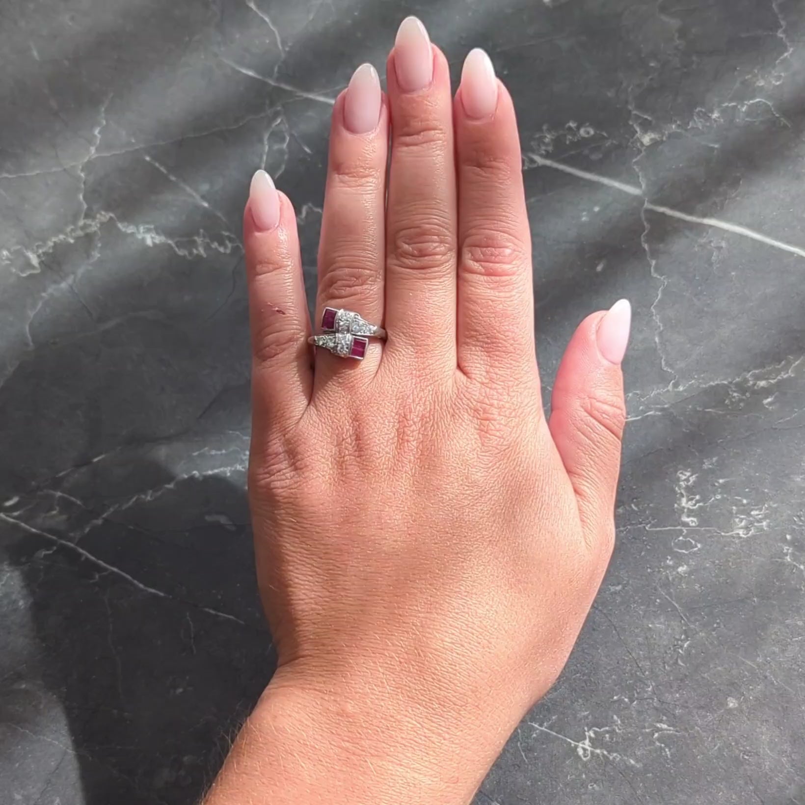 Maurice Tishman Mid-Century Ruby Diamond Platinum Bypass Ring