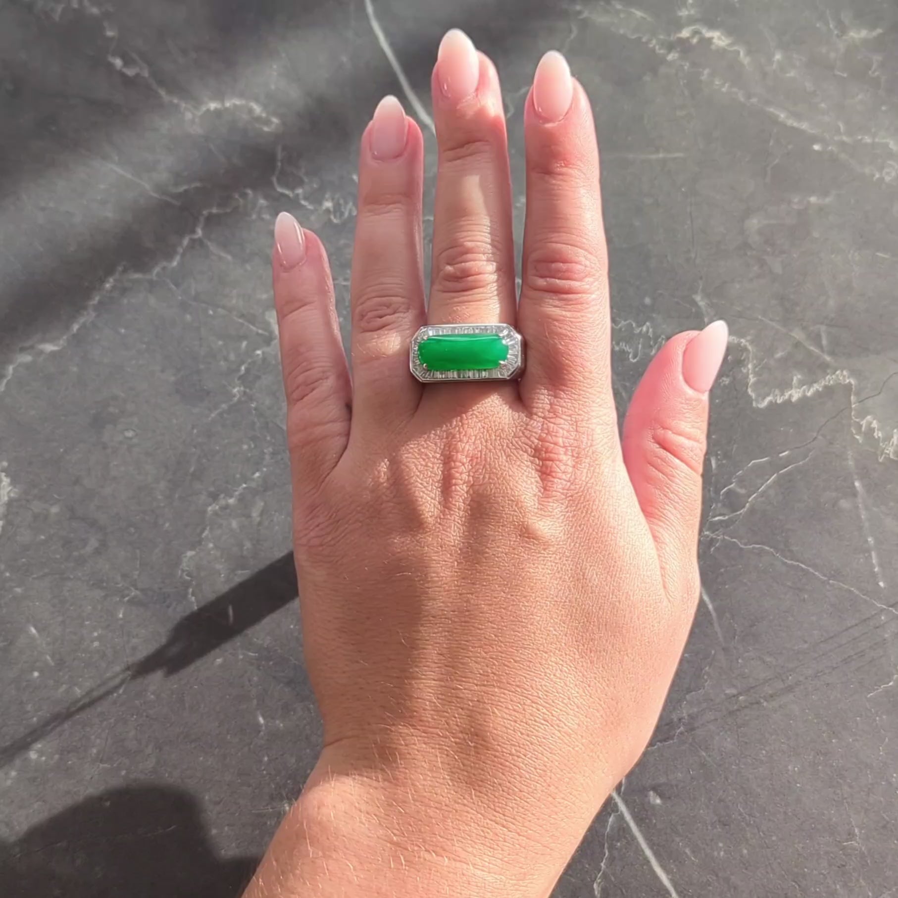 Contemporary Type A Jadeite Jade Diamond 18 Karat White Gold Halo Ring GIA