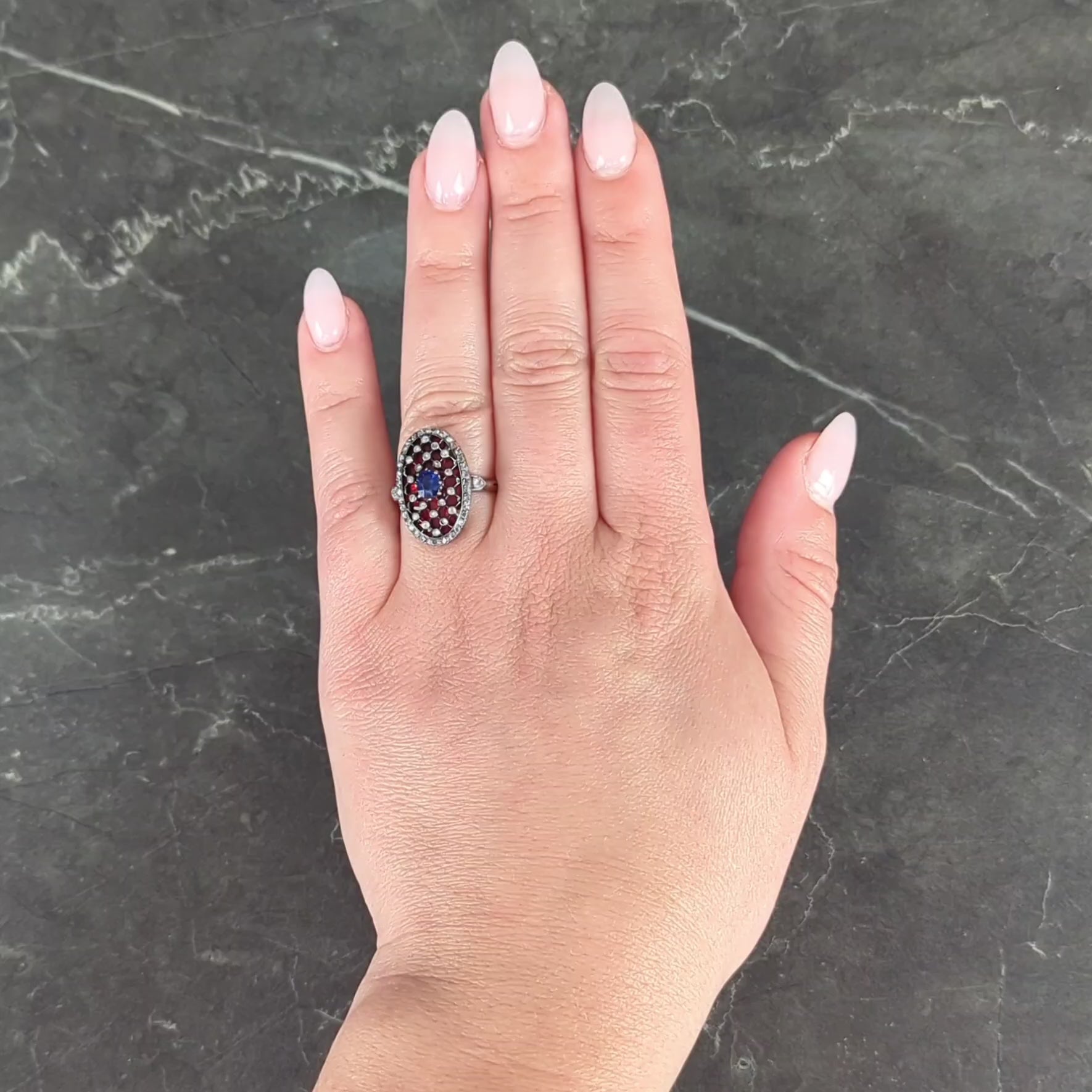 Victorian Sapphire Diamond Enamel Silver 18K Gold Antique Navette Cluster Ring