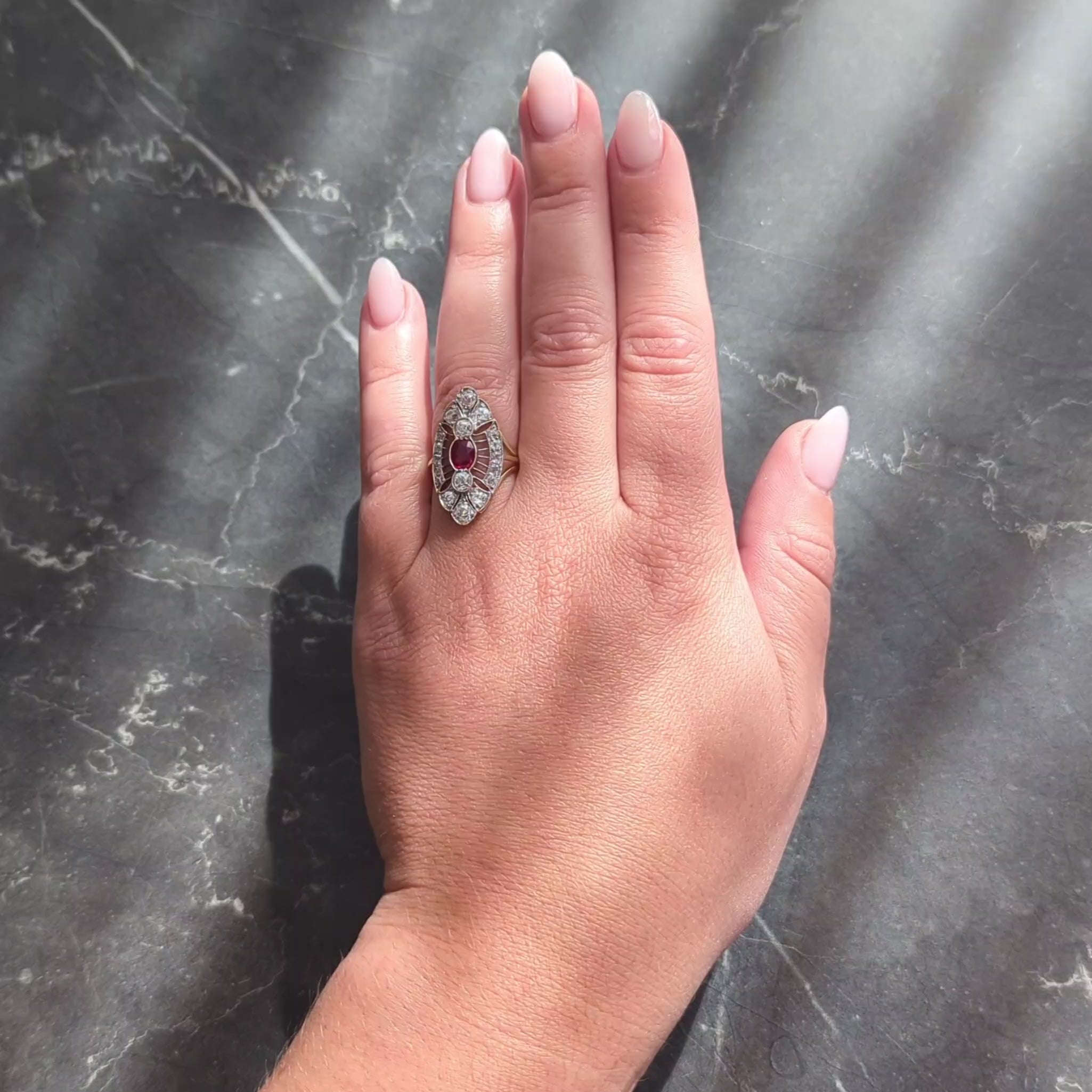 Edwardian 2.32 CTW Ruby Diamond 18K Two-Tone Gold Antique Navette Dinner Ring