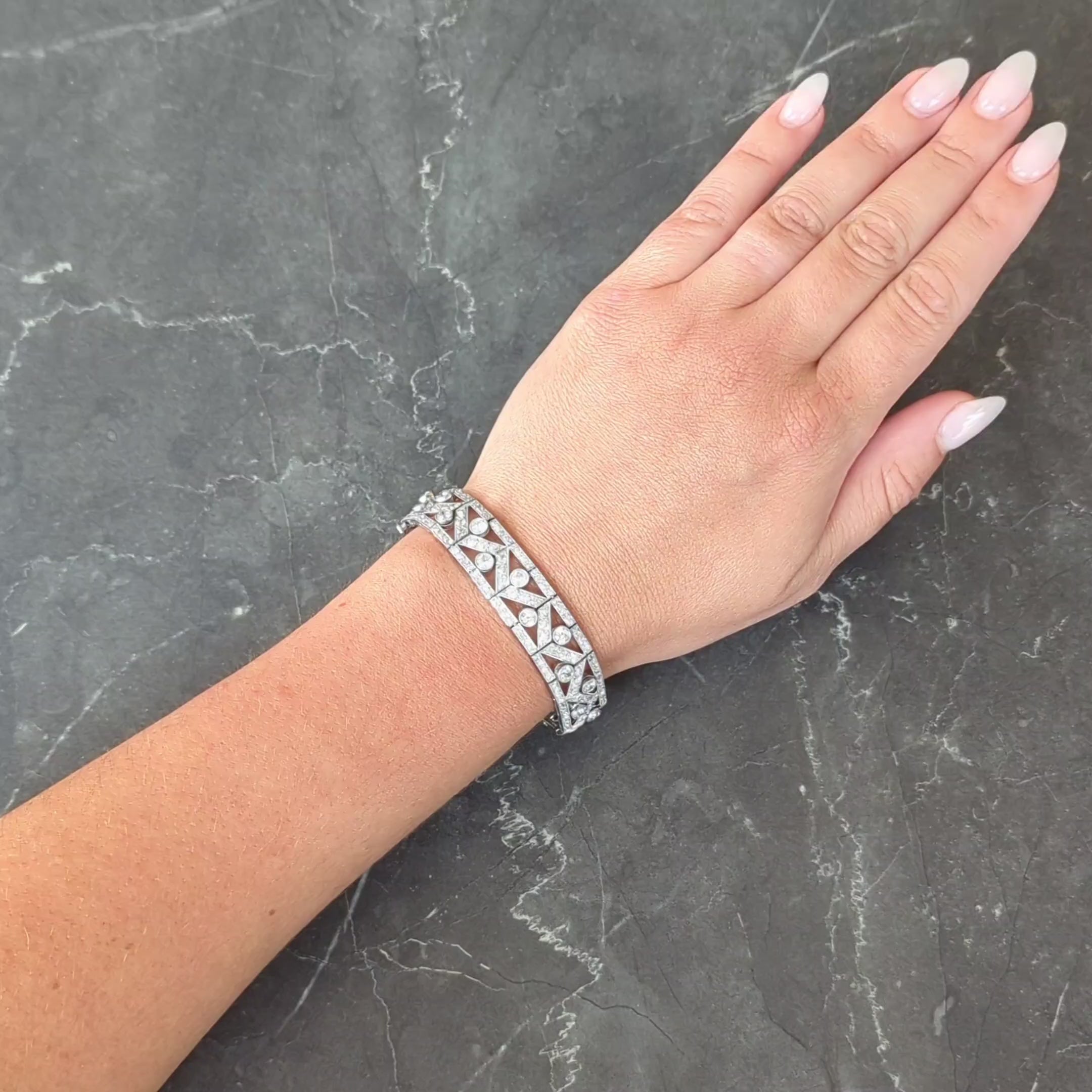 French Art Deco 13.92 CTW Diamond Platinum Antique Geometric Line Bracelet