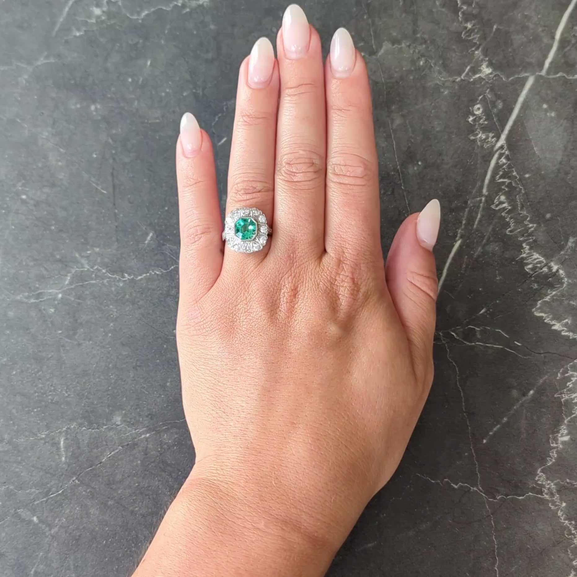 Art Deco 3.05 CTW No Oil Colombian Emerald Diamond Platinum Vintage Halo Ring