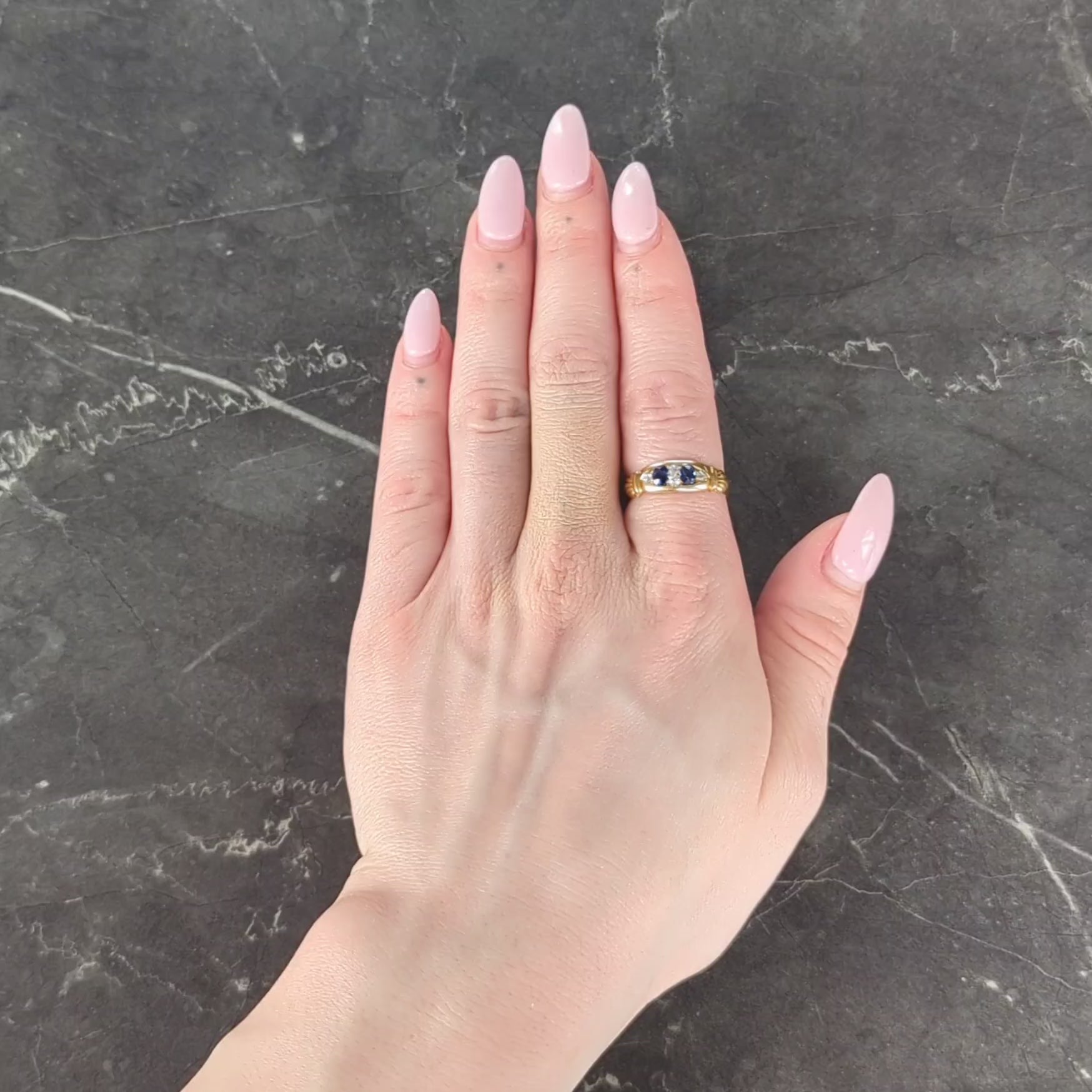 Early Art Deco 1919 Sapphire Diamond 18 Karat Yellow Gold Antique Marquise Ring