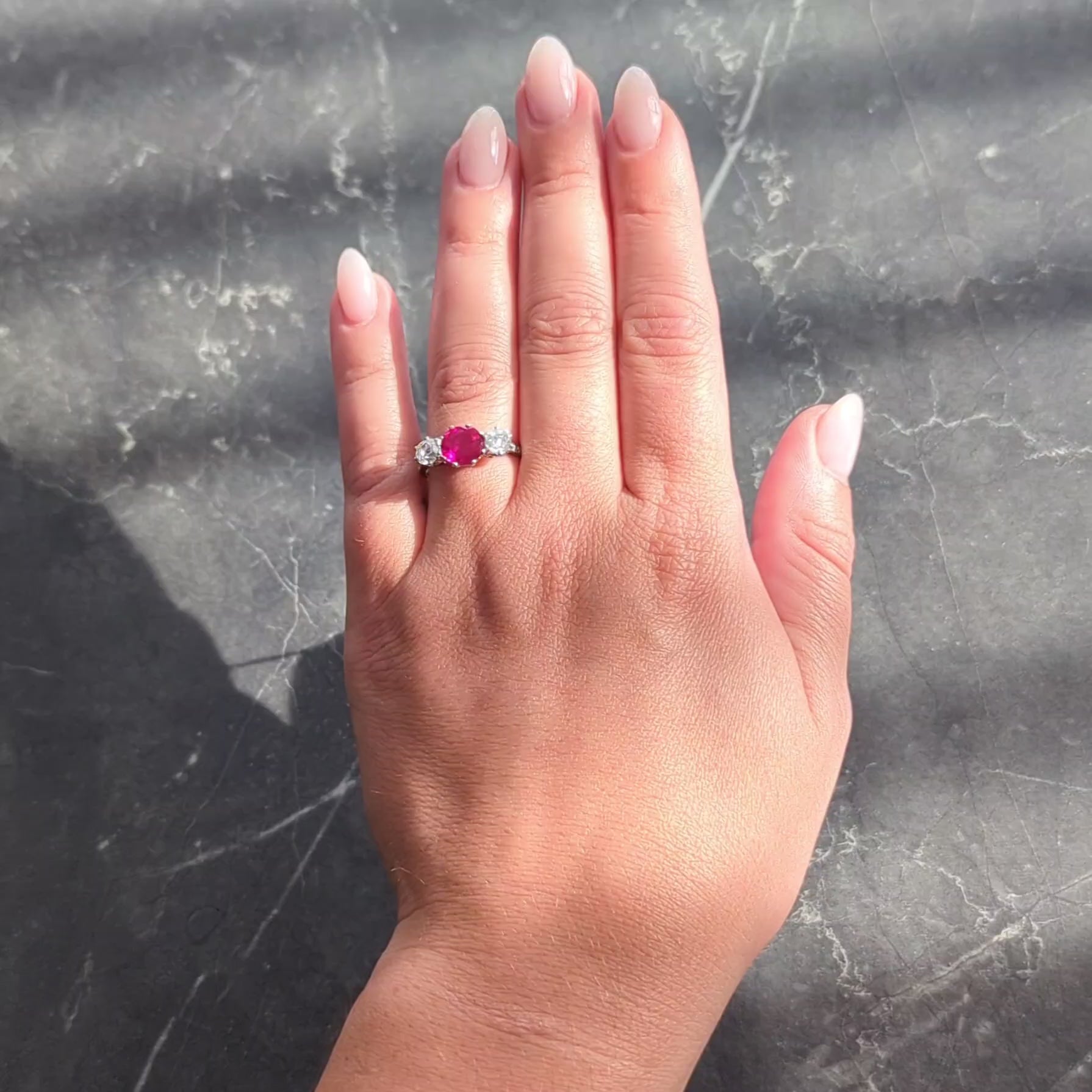 Edwardian 1.90 CTW No Heat Burma Ruby Diamond Platinum Antique Three Stone Ring