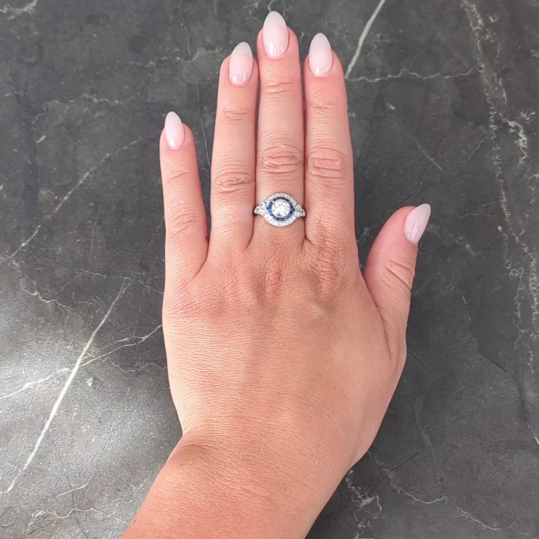 Art Deco Old European Diamond Sapphire Platinum Vintage Halo Engagement Ring