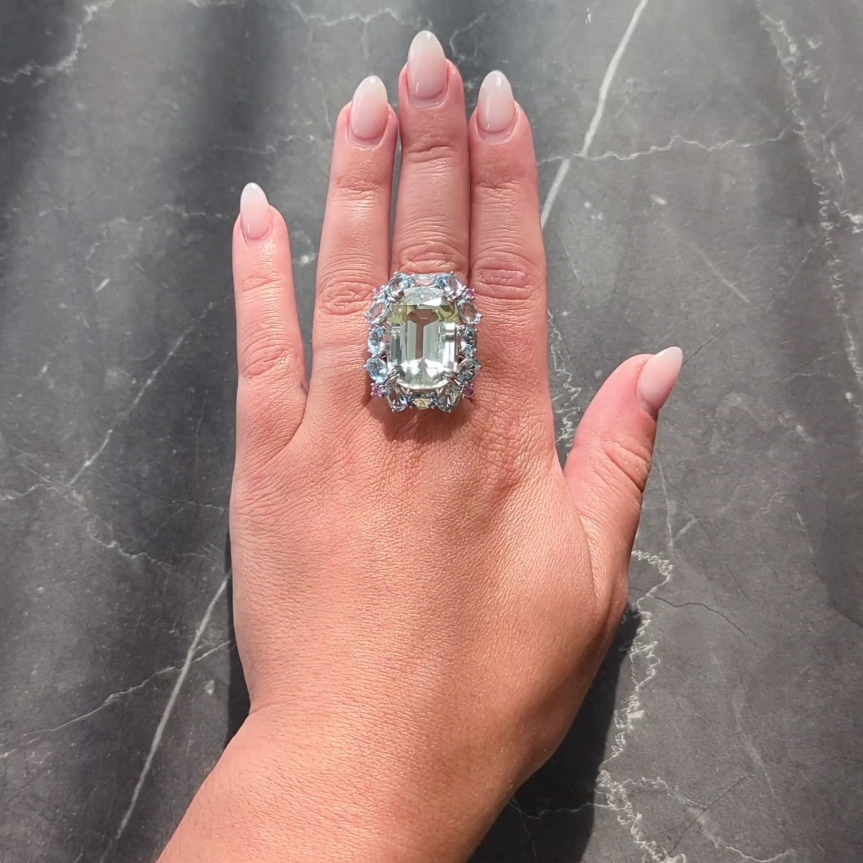 Contemporary 31.89 CTW Prasiolite Aquamarine Sapphire Platinum Cocktail Ring
