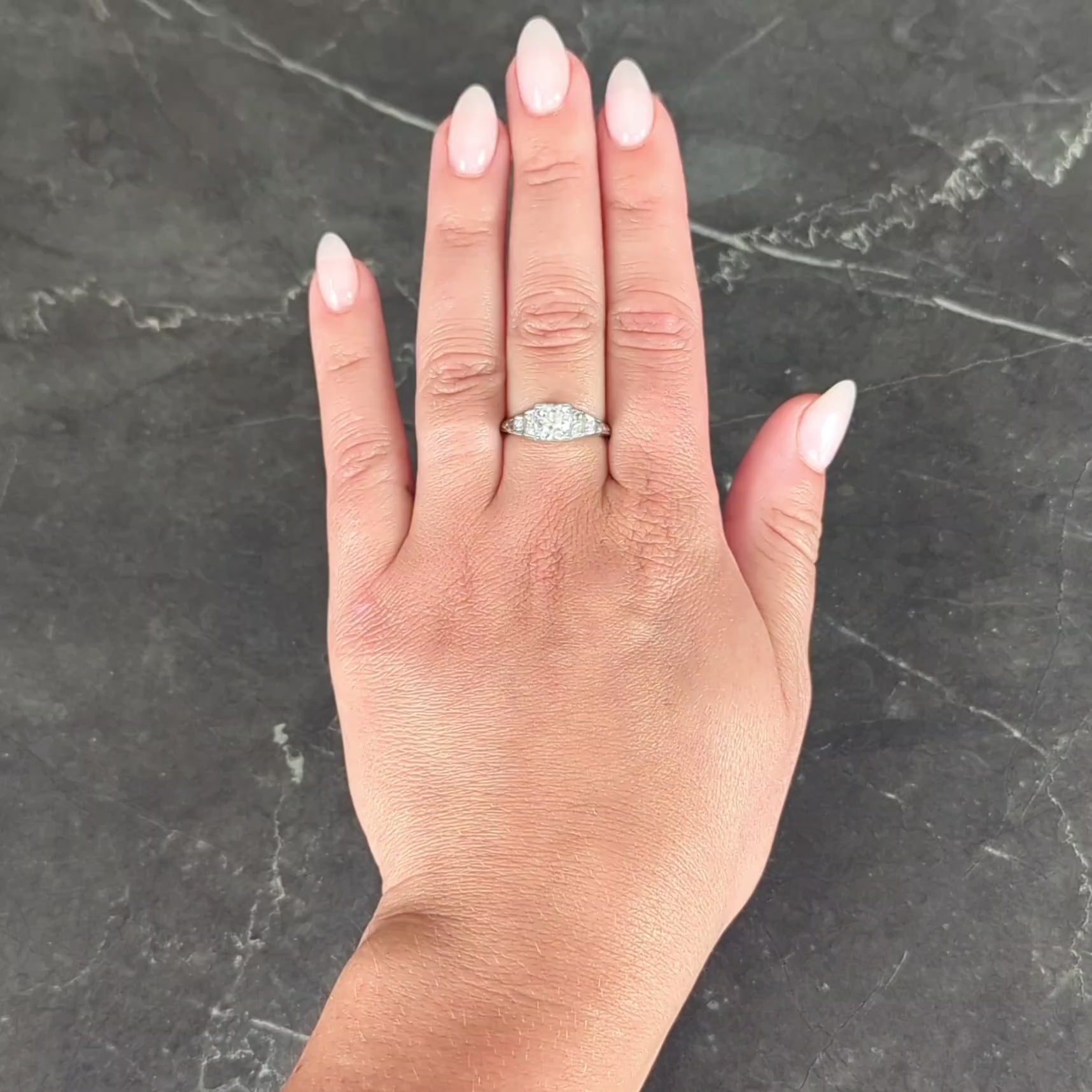 Art Deco Old European Cut Diamond 18K White Gold Vintage Stepped Engagement Ring