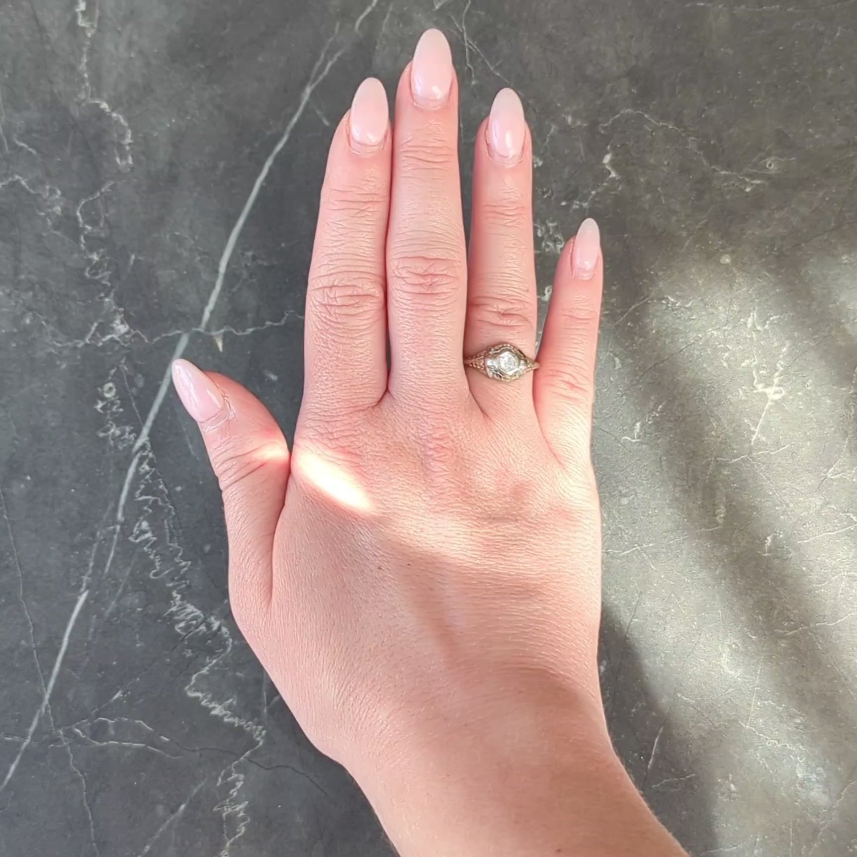 Art Deco European Diamond 18K White Gold Vintage Scrolling Bombé Engagement Ring