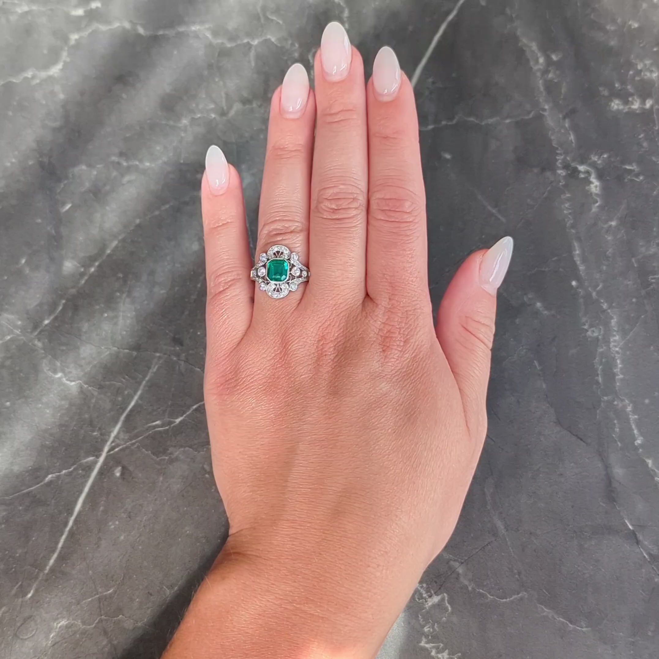 Early Art Deco Colombian Emerald Diamond Platinum Antique Cluster Ring