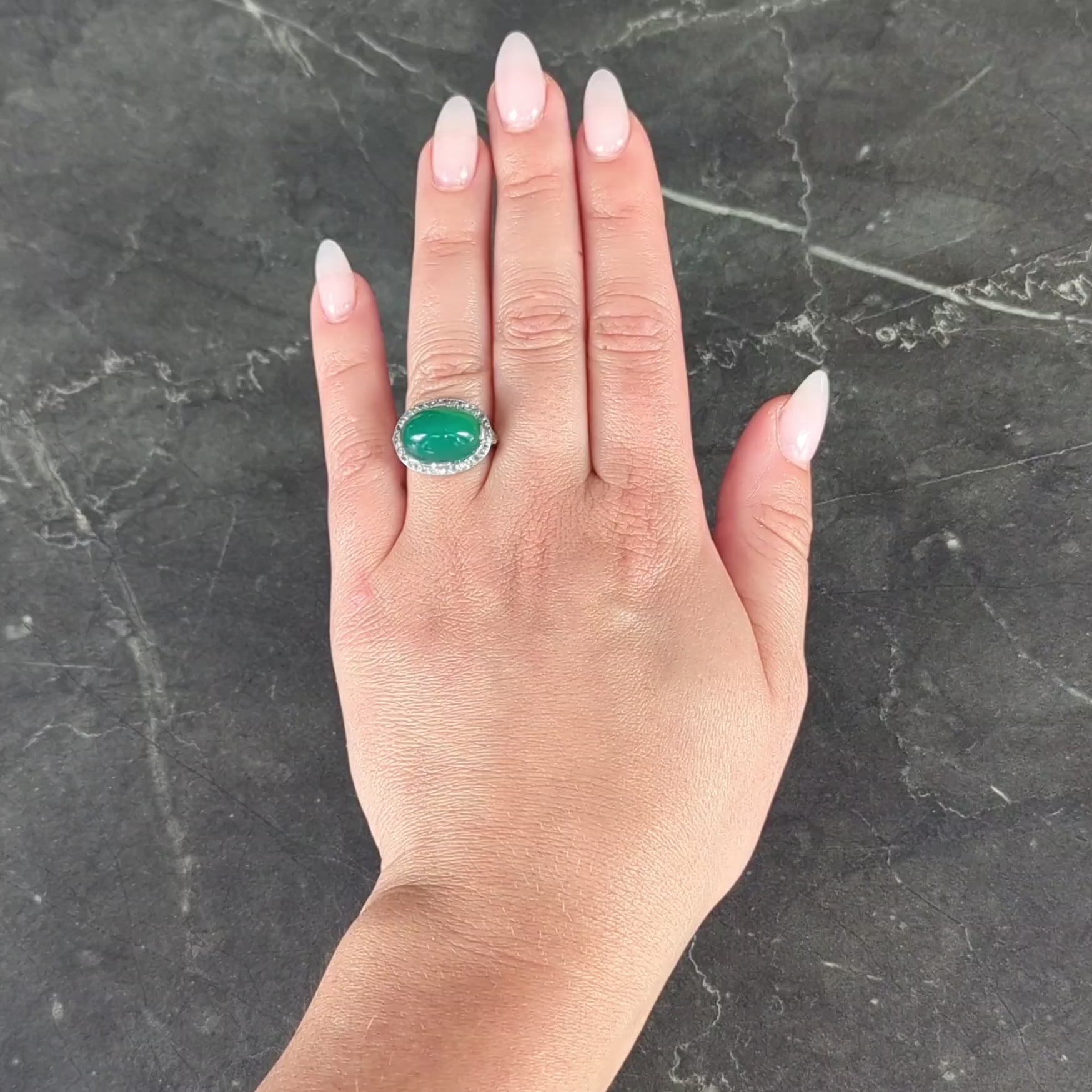 Art Deco Chrysoprase Diamond Platinum Vintage Scrolling Halo Ring