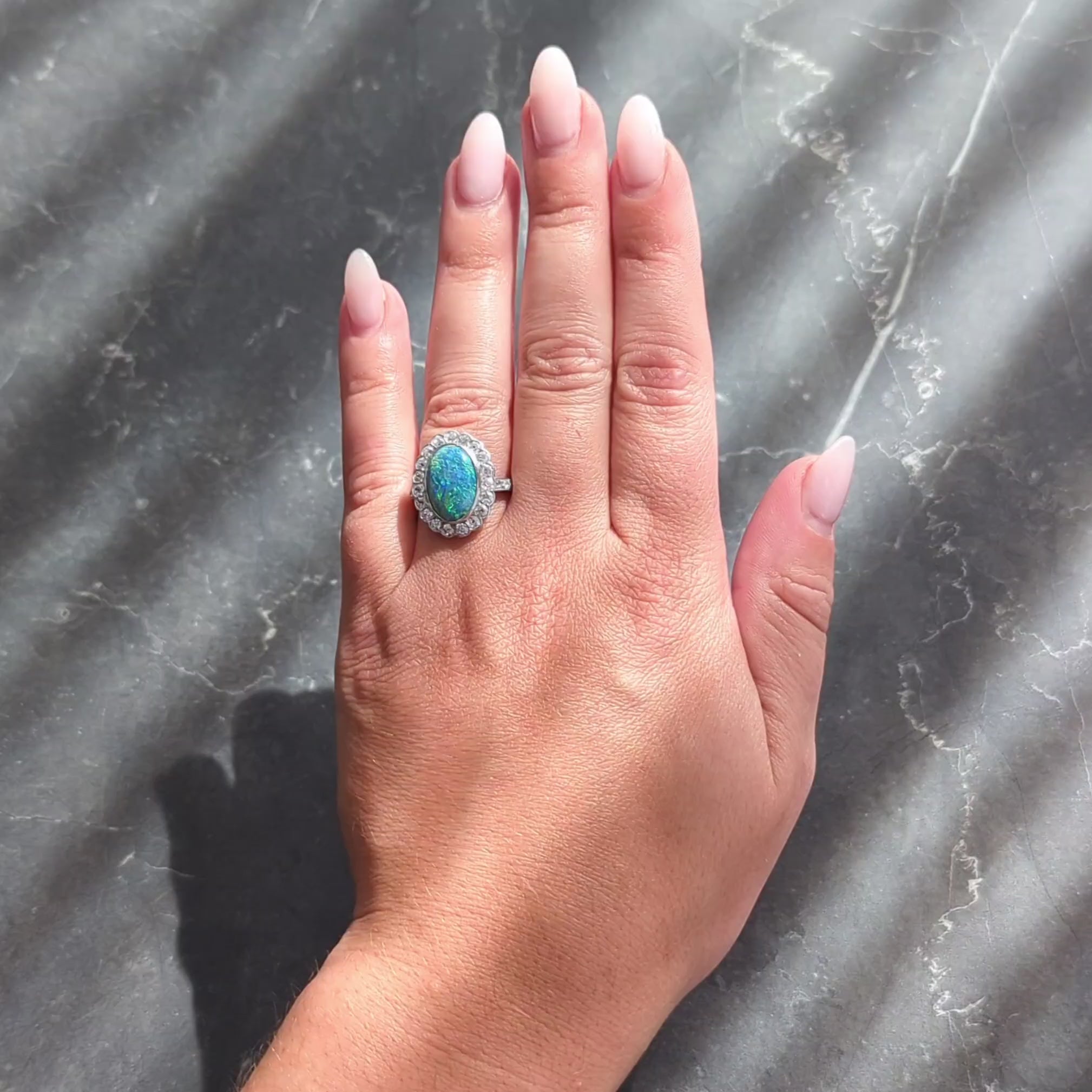 Edwardian Black Opal Diamond Platinum 18 Karat Yellow Gold Antique Halo Ring