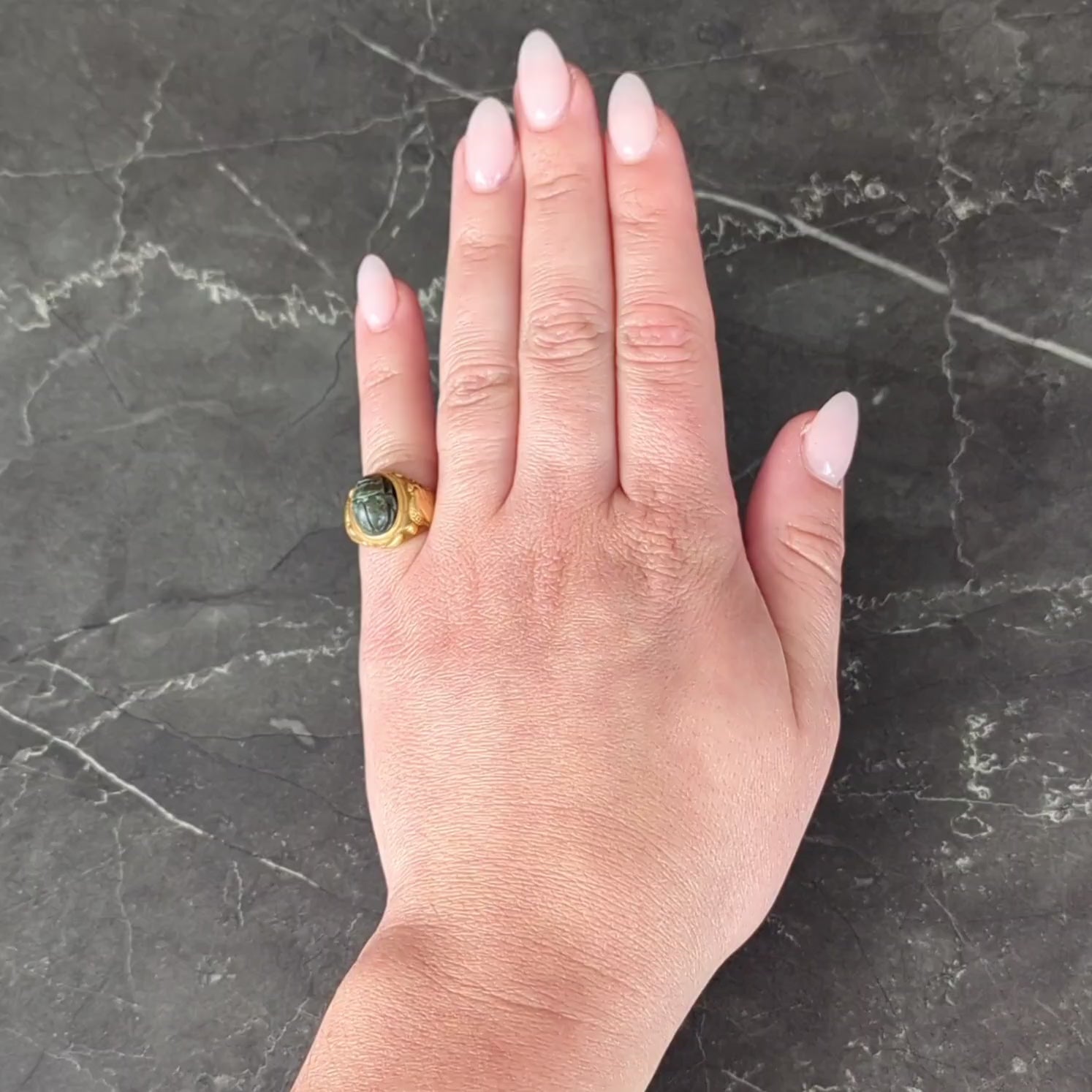 Jones Woodland Art Deco Egyptian Revival Hardstone 14K Gold Antique Scarab Ring