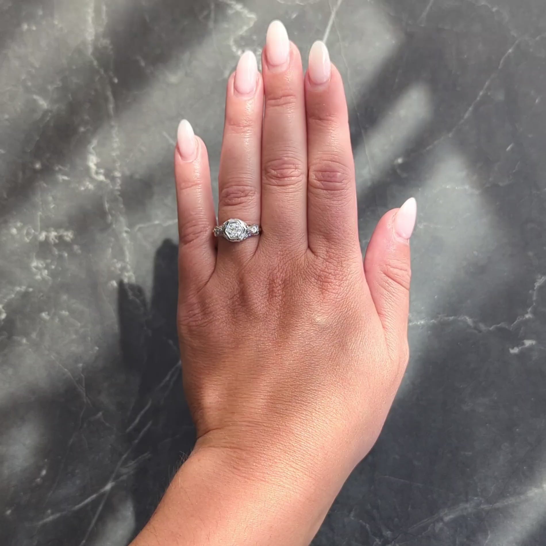 Art Deco Old European Cut Diamond 14 Karat White Gold Vintage Engagement Ring