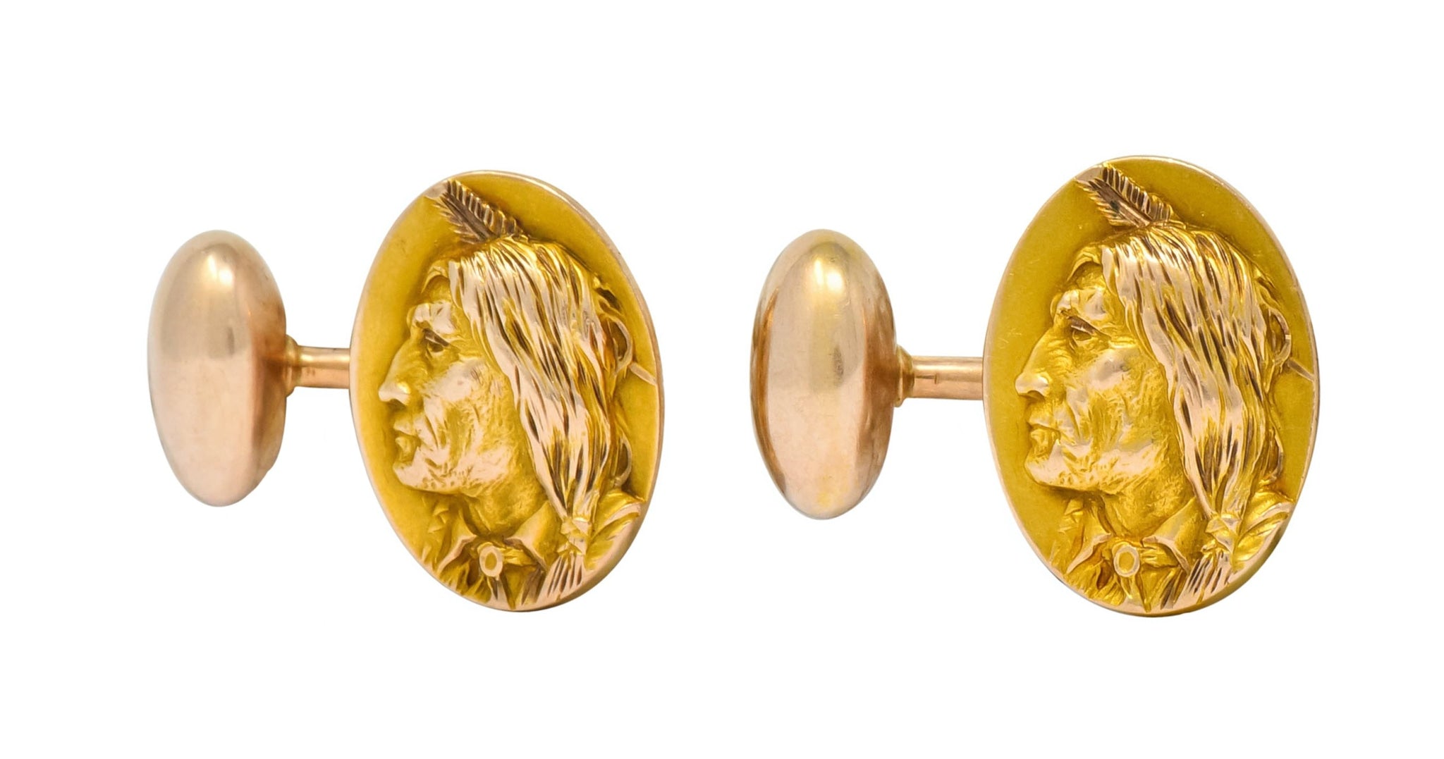 1900's Victorian 14 Karat Two-Tone Gold Native American Men's Cufflinks - Wilson's Estate Jewelry