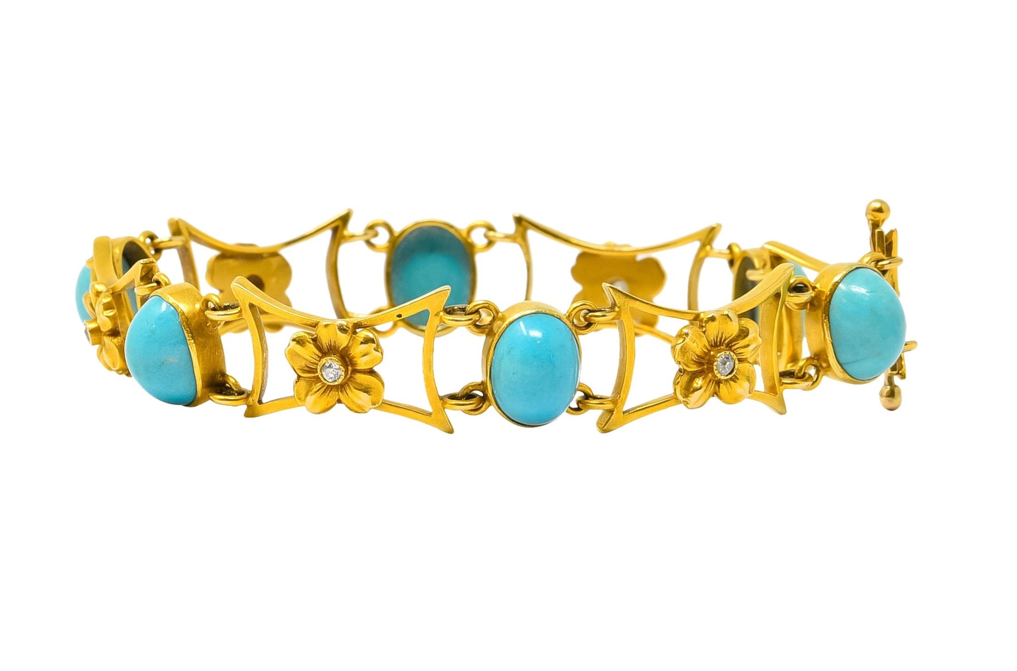 1905 Victorian Turquoise Diamond 14 Karat Yellow Gold Floral Link Bracelet - Wilson's Estate Jewelry