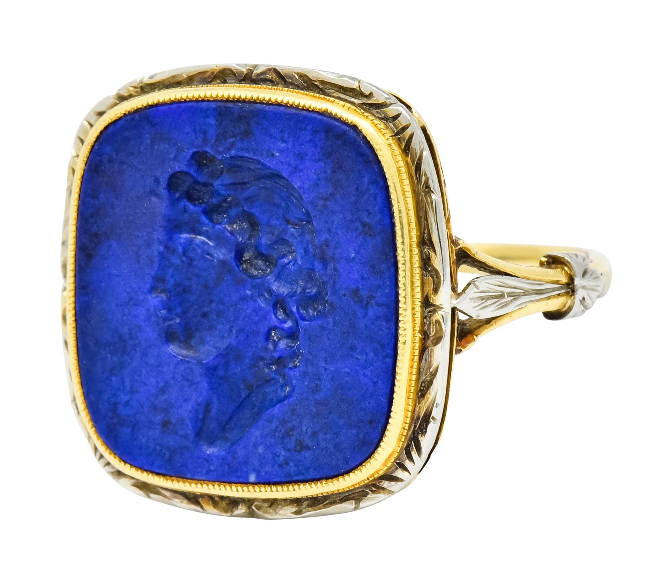 1910 Edwardian Lapis Intaglio Platinum-Topped 14 Karat Gold Signet Ring - Wilson's Estate Jewelry