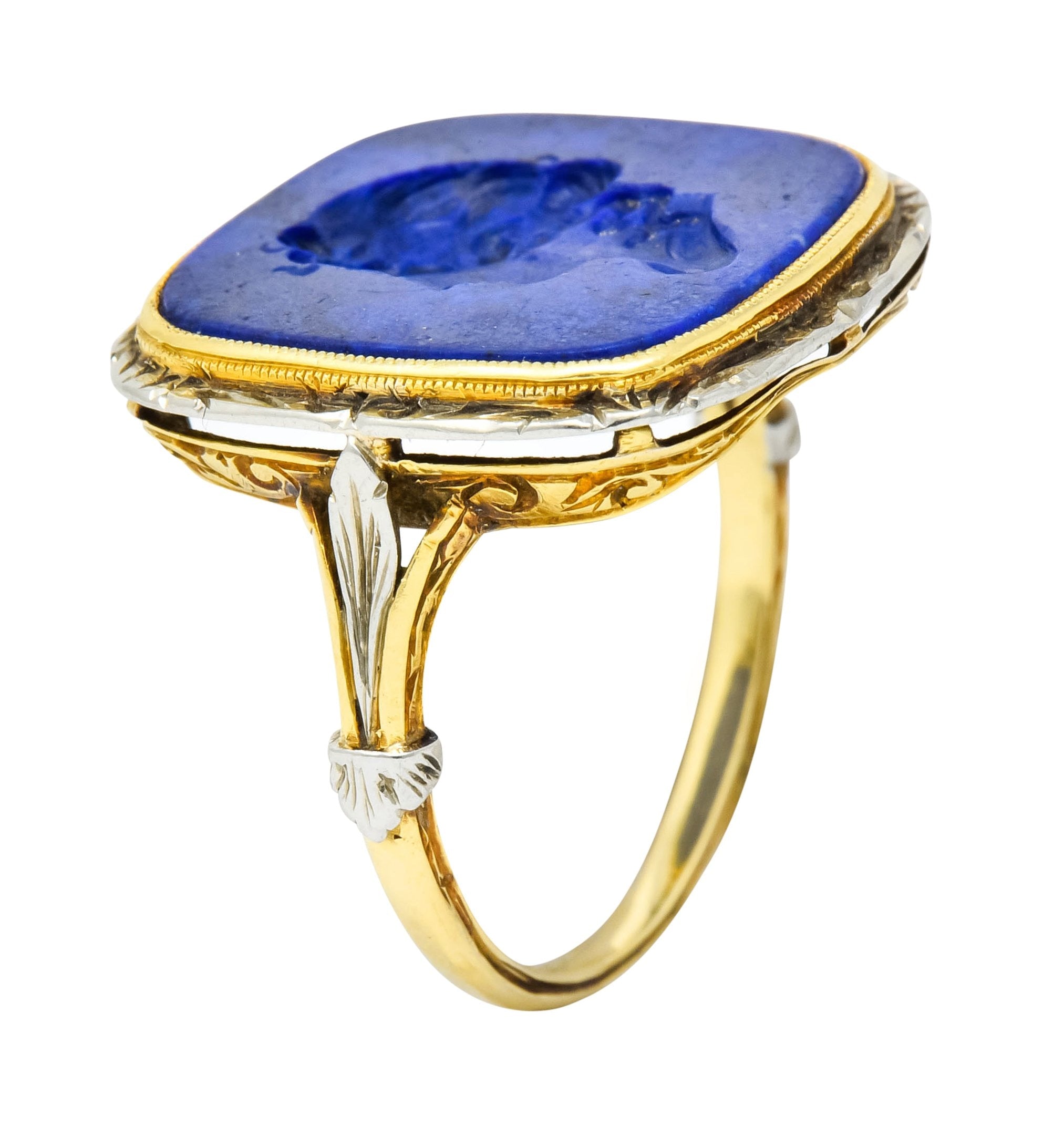1910 Edwardian Lapis Intaglio Platinum-Topped 14 Karat Gold Signet Ring - Wilson's Estate Jewelry