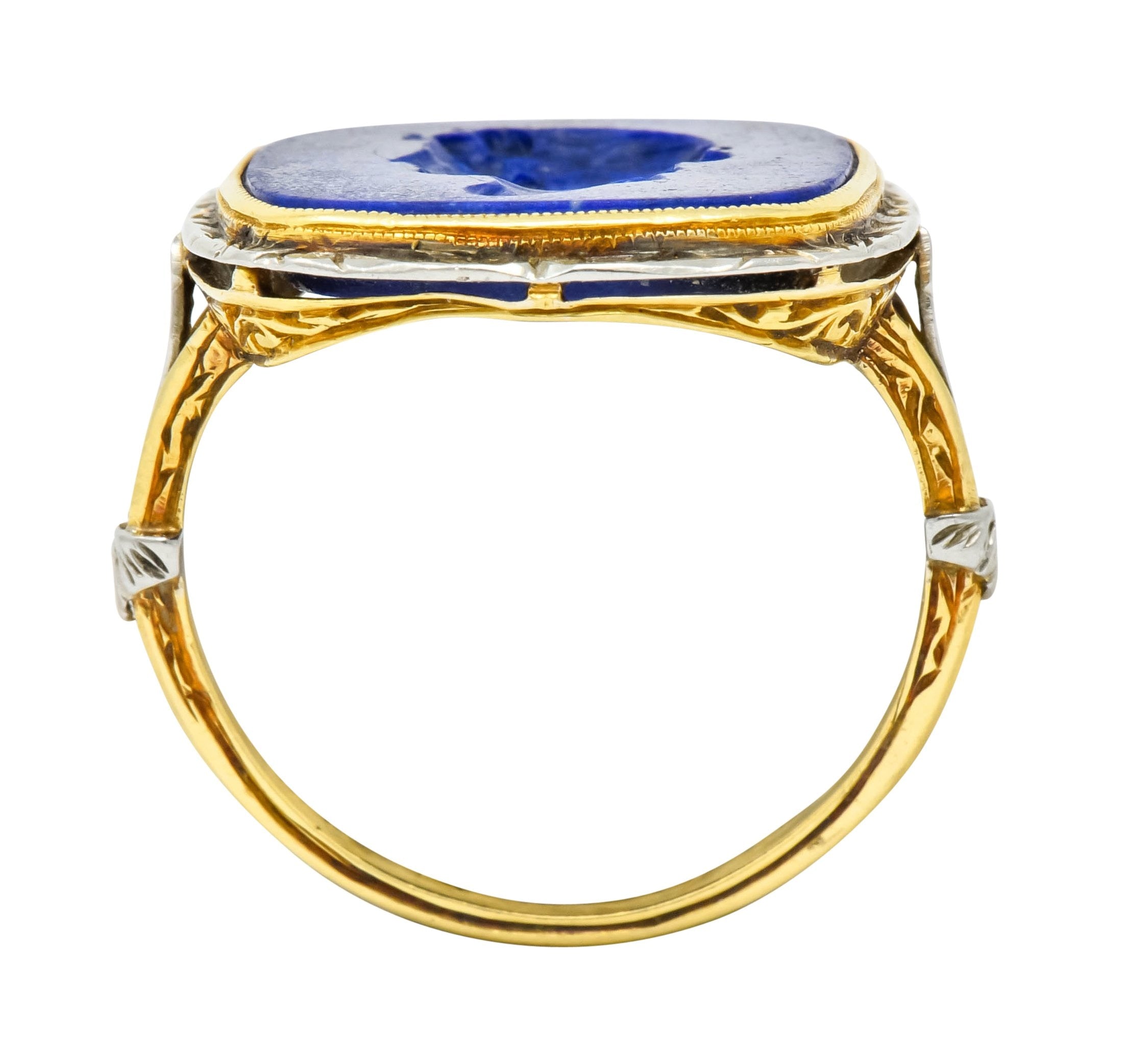 1910 Edwardian Lapis Intaglio Platinum-Topped 14 Karat Gold Signet Ring - Wilson's Estate Jewelry
