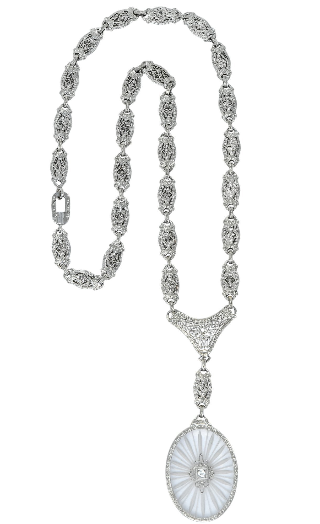 1920s Art Deco Camphor Glass Diamond 14 Karat White Gold Drop Necklace - Wilson's Estate Jewelry