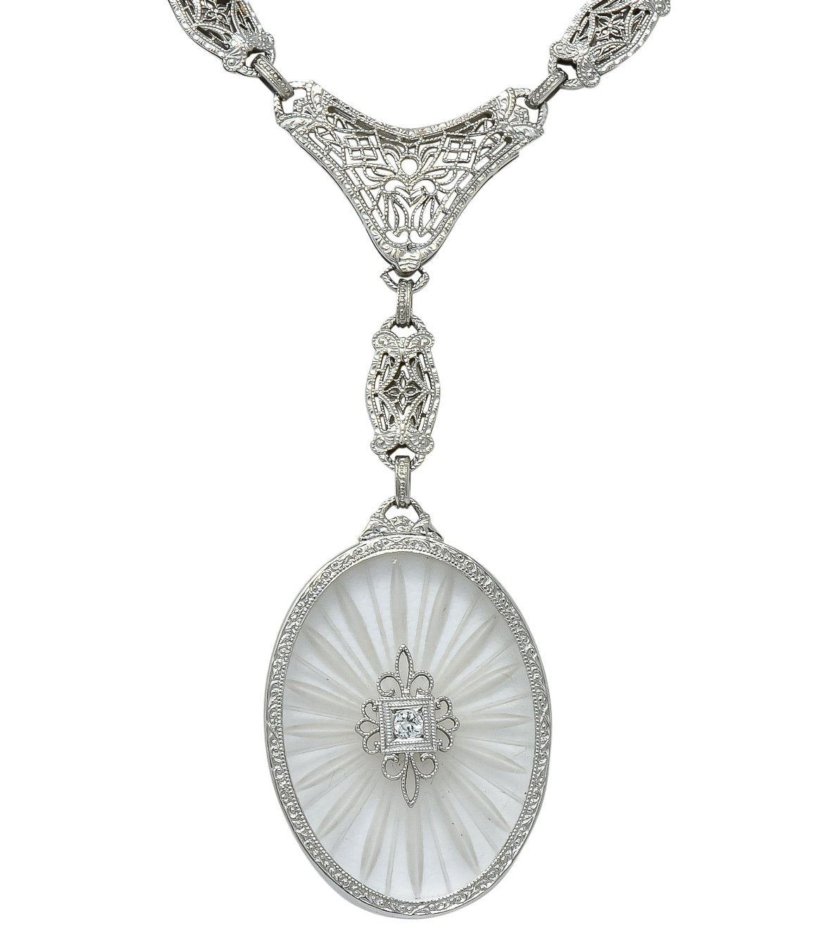 1920s Art Deco Camphor Glass Diamond 14 Karat White Gold Drop Necklace - Wilson's Estate Jewelry