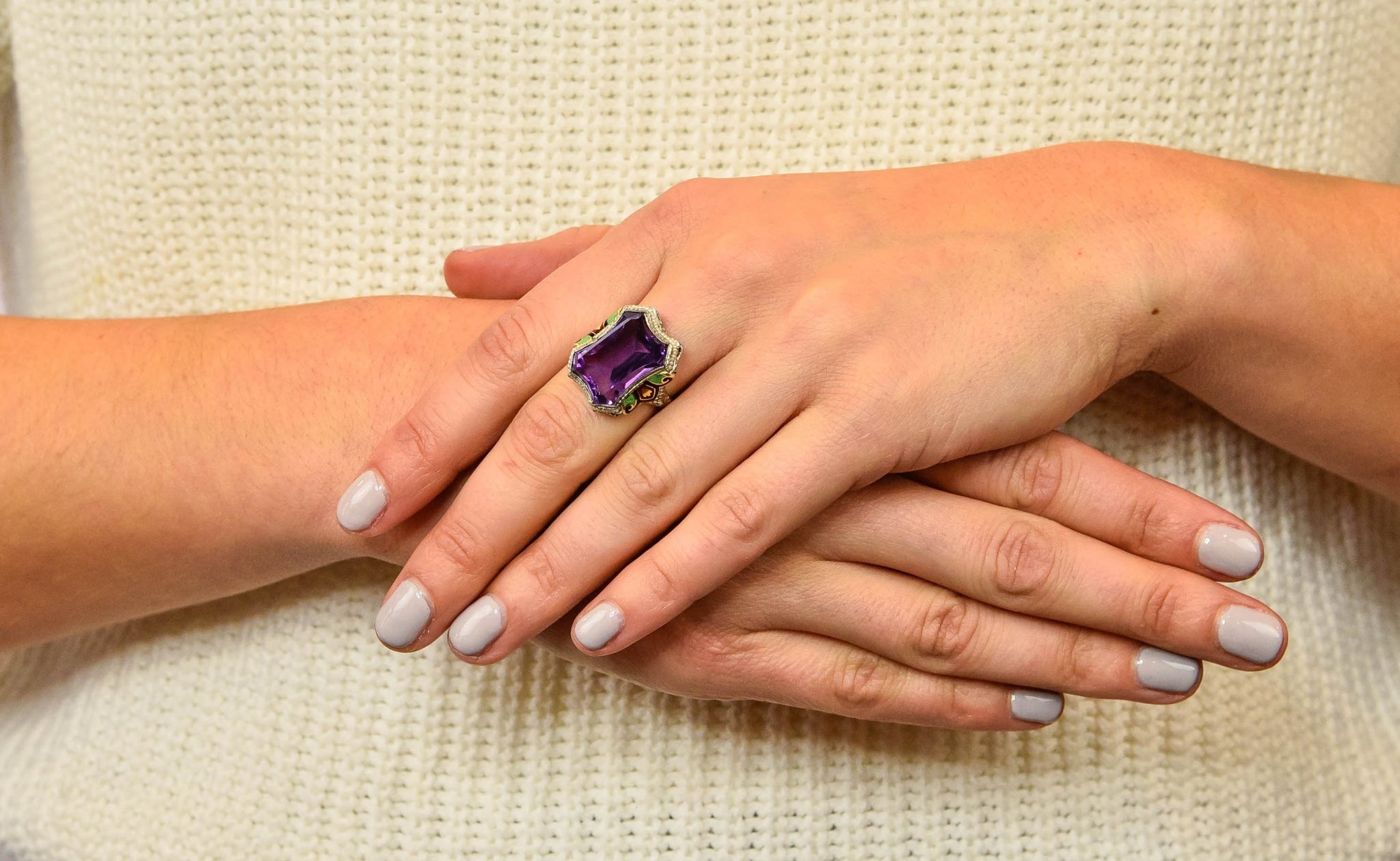 1930's Art Deco Amethyst Enamel Pearl 14 Karat Two-Tone Gold Statement Ring - Wilson's Estate Jewelry