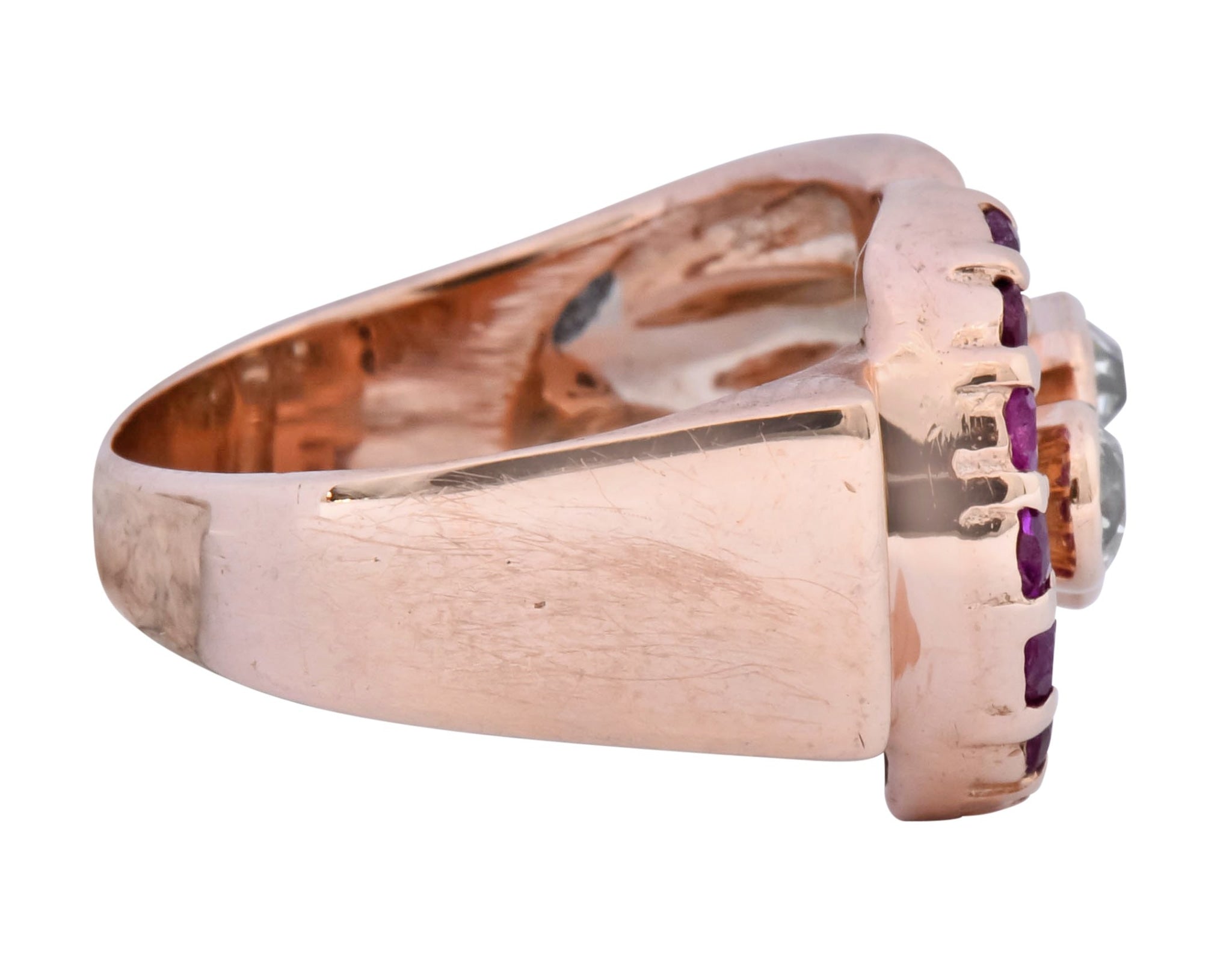 1940's Retro 1.20 CTW Diamond Ruby 14 Karat Rose Gold Buckle Ring - Wilson's Estate Jewelry