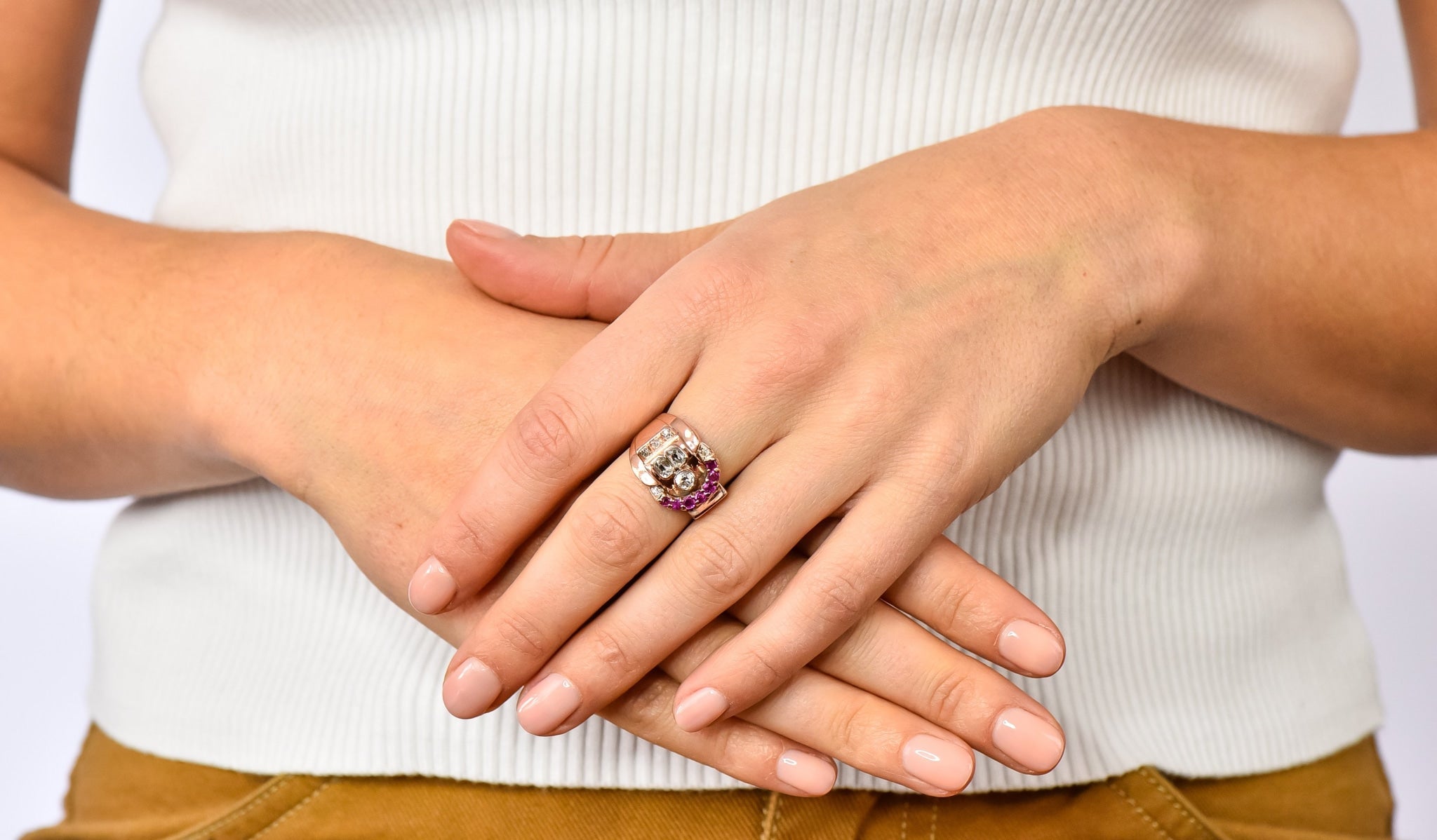 1940's Retro 1.20 CTW Diamond Ruby 14 Karat Rose Gold Buckle Ring - Wilson's Estate Jewelry