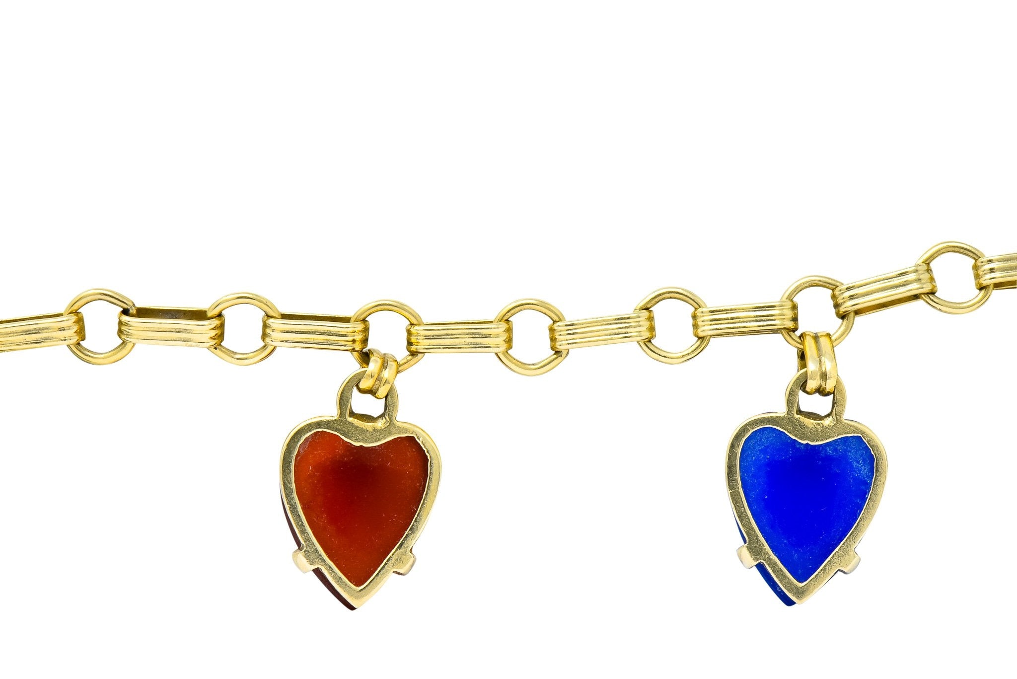 1940's Retro Agate 14 Karat Gold Heart Charm Bracelet - Wilson's Estate Jewelry