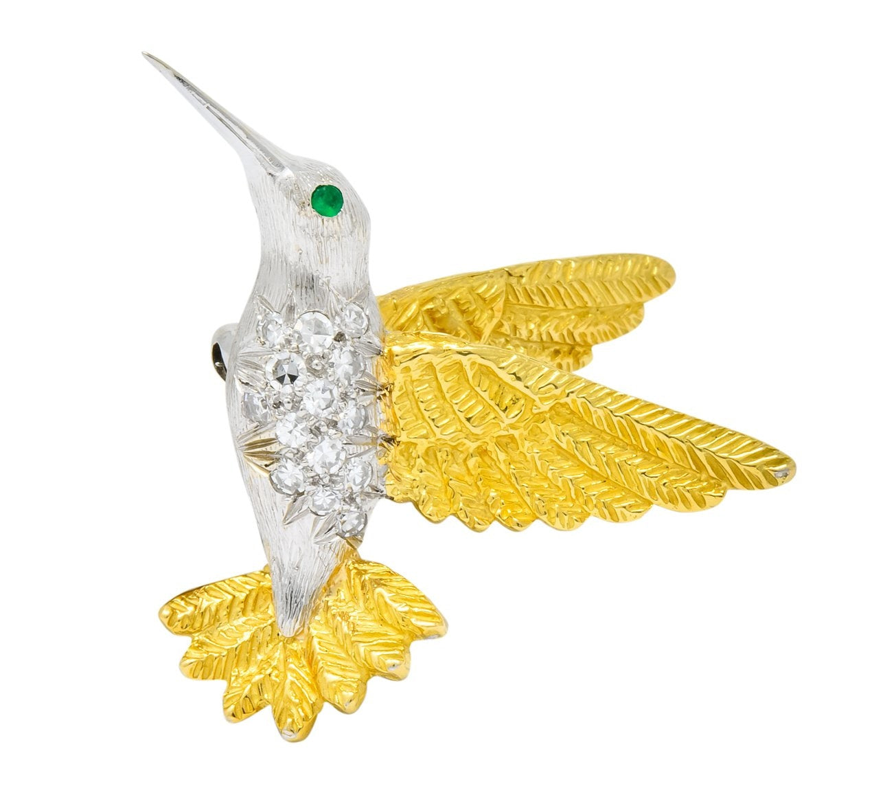 1970's Vintage Diamond Emerald 18 Karat Two-Tone Gold Hummingbird Brooch - Wilson's Estate Jewelry