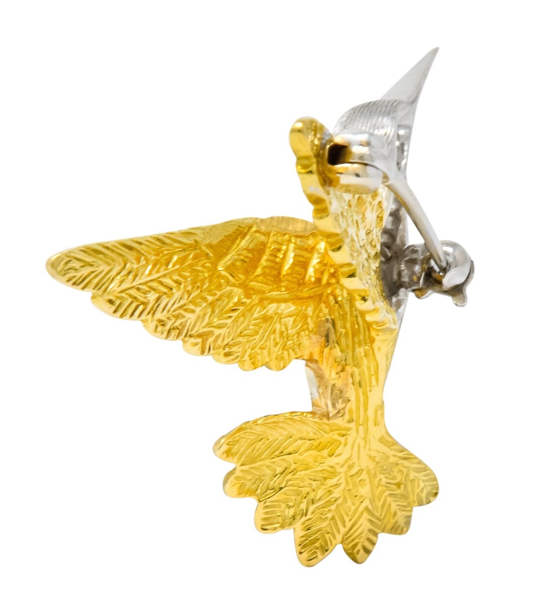 1970's Vintage Diamond Emerald 18 Karat Two-Tone Gold Hummingbird Brooch - Wilson's Estate Jewelry