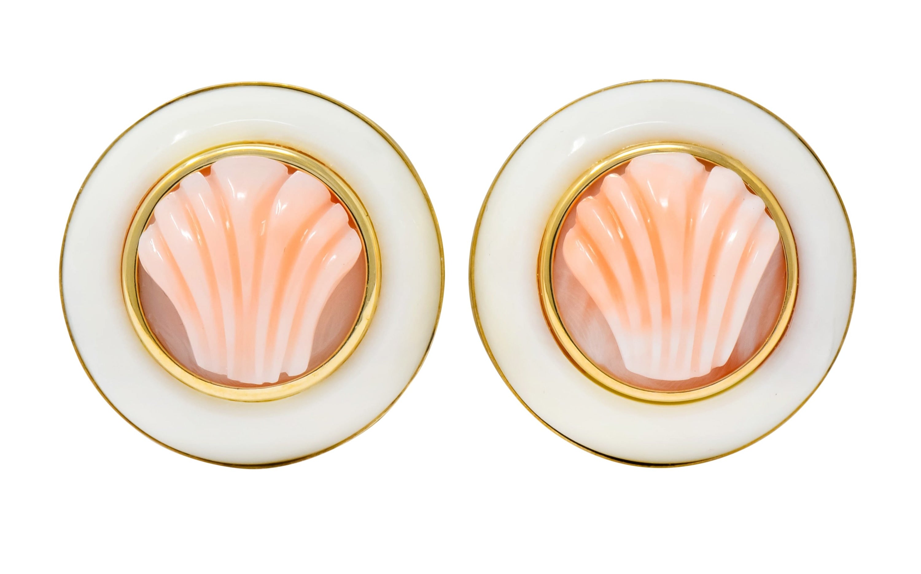 1990s Vintage Coral 14 Karat Gold Circular Shell Earrings - Wilson's Estate Jewelry
