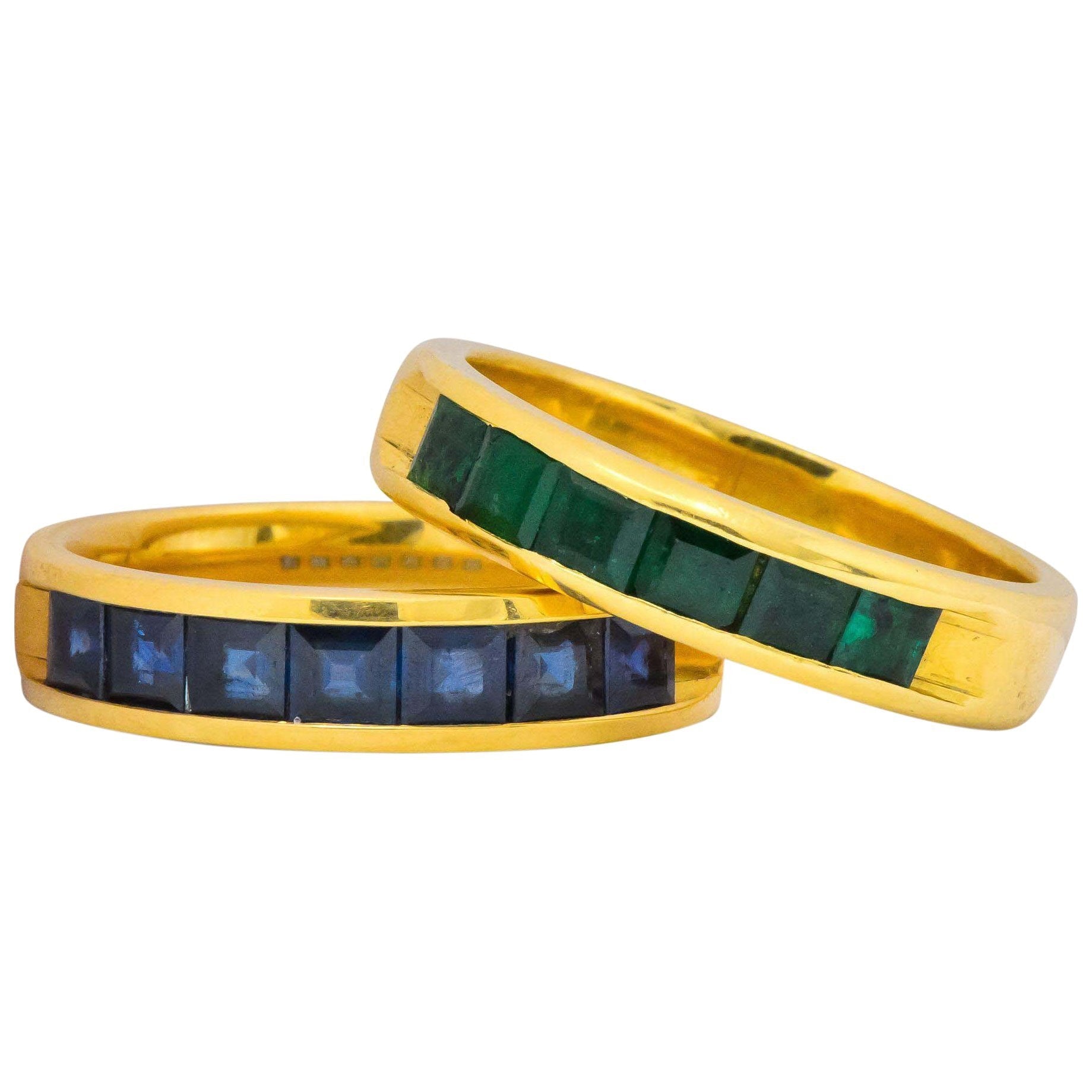 2 Contemporary 5.50 CTW Sapphire Emerald 18 Karat Gold Men's Band Rings Wilson's Estate Jewelry